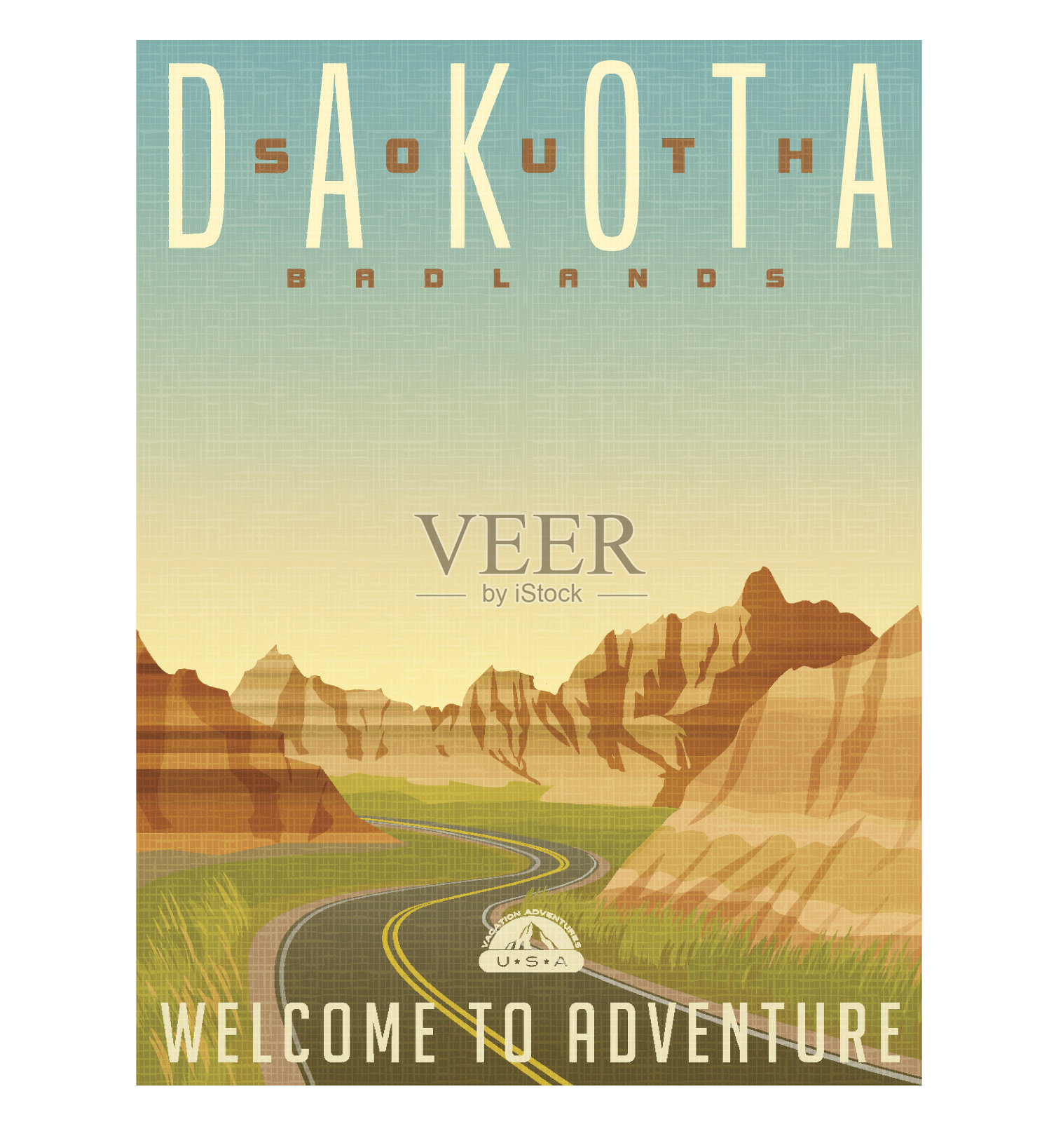 复古风格的旅行海报或贴纸。美国，南达科他州，荒地国家公园插画图片素材