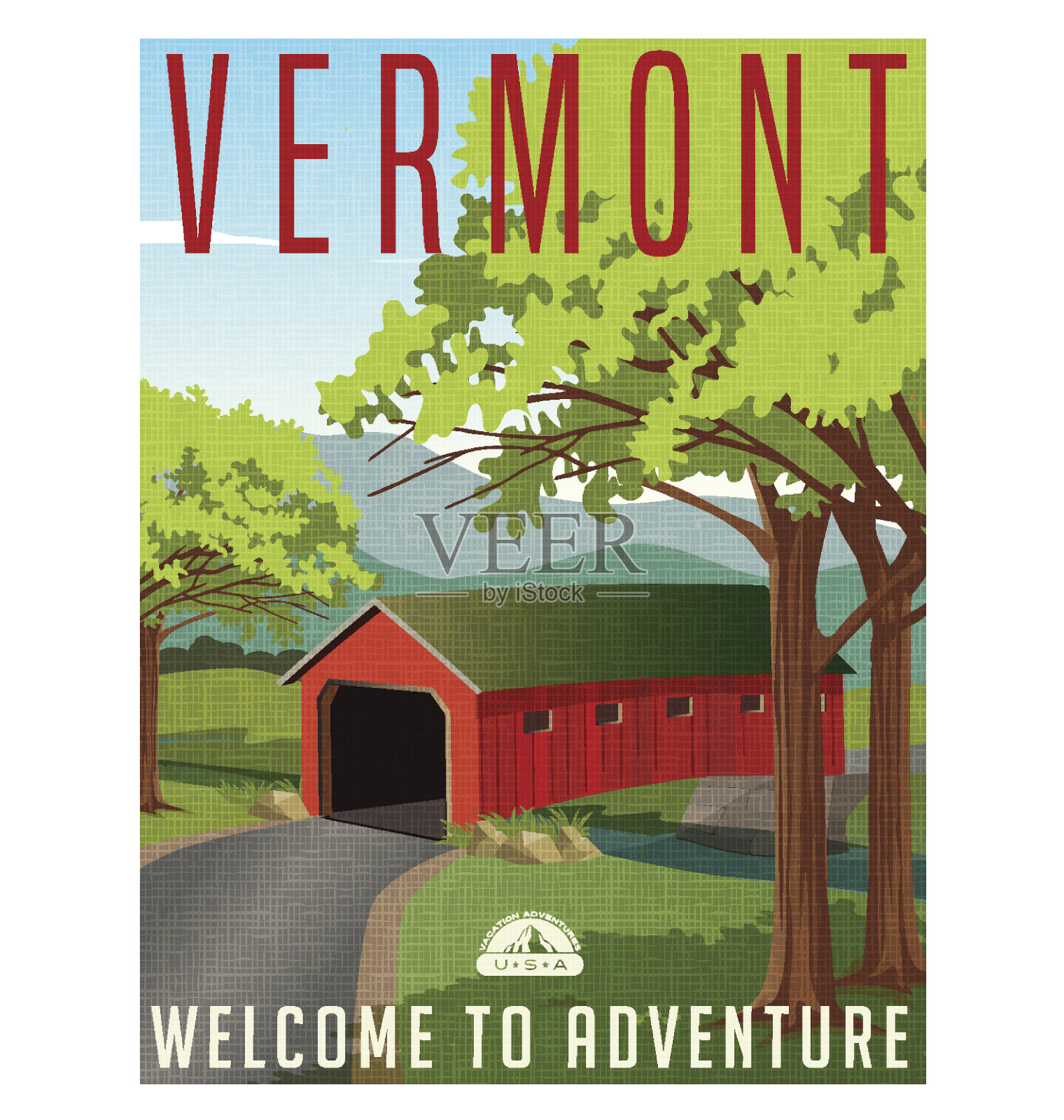 佛蒙特州旅游海报或贴纸。矢量插图的风景覆盖桥在小溪上。设计模板素材