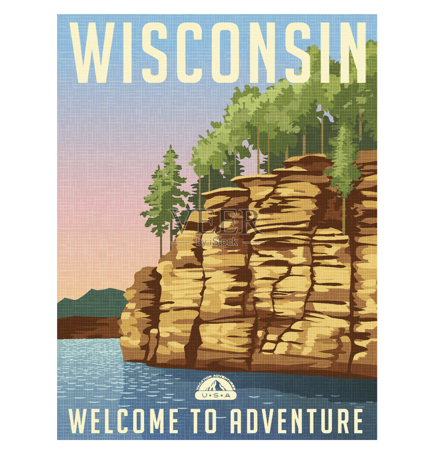 威斯康星州旅游海报或贴纸。威斯康辛河上的砂岩悬崖的矢量图。设计模板素材