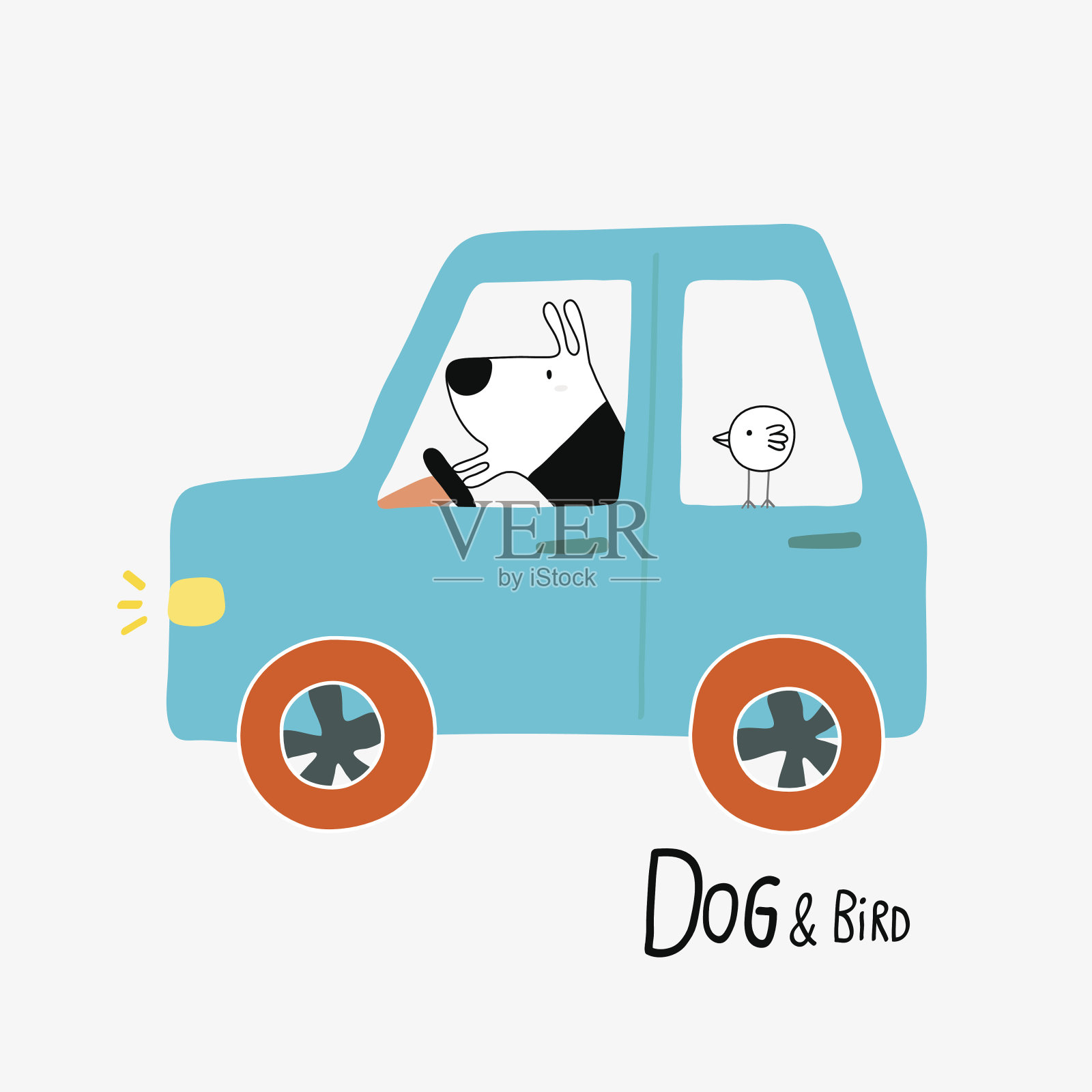 狗和鸟在开车插画图片素材