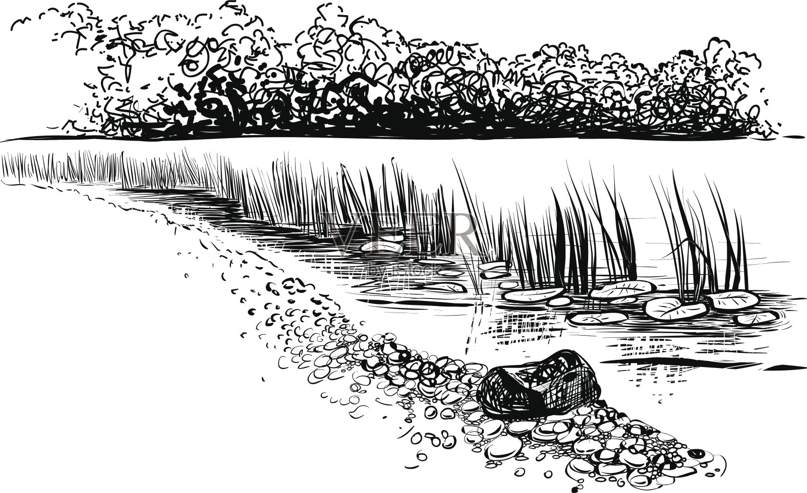 河景，黑白画。插画图片素材