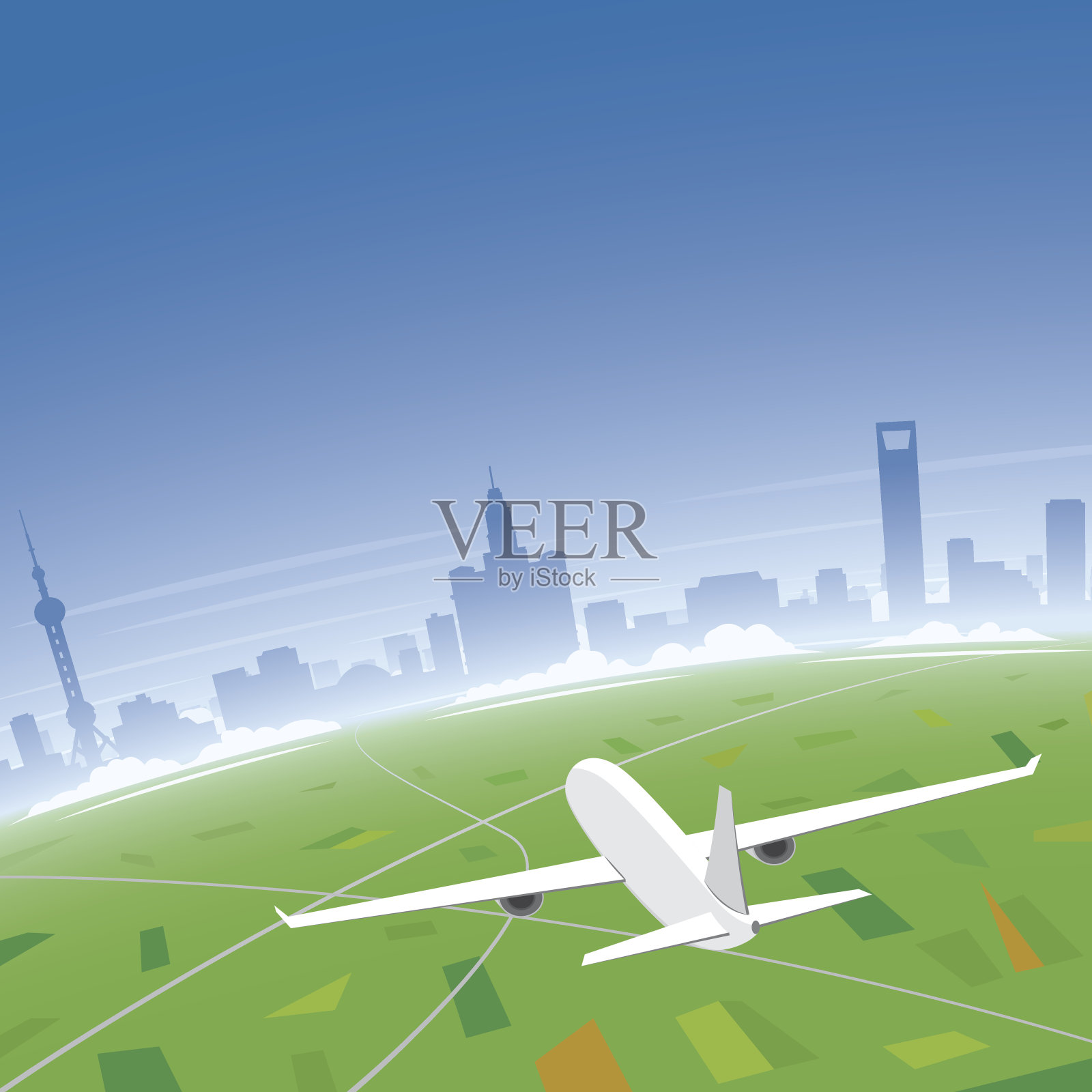 上海天际线航班目的地插画图片素材