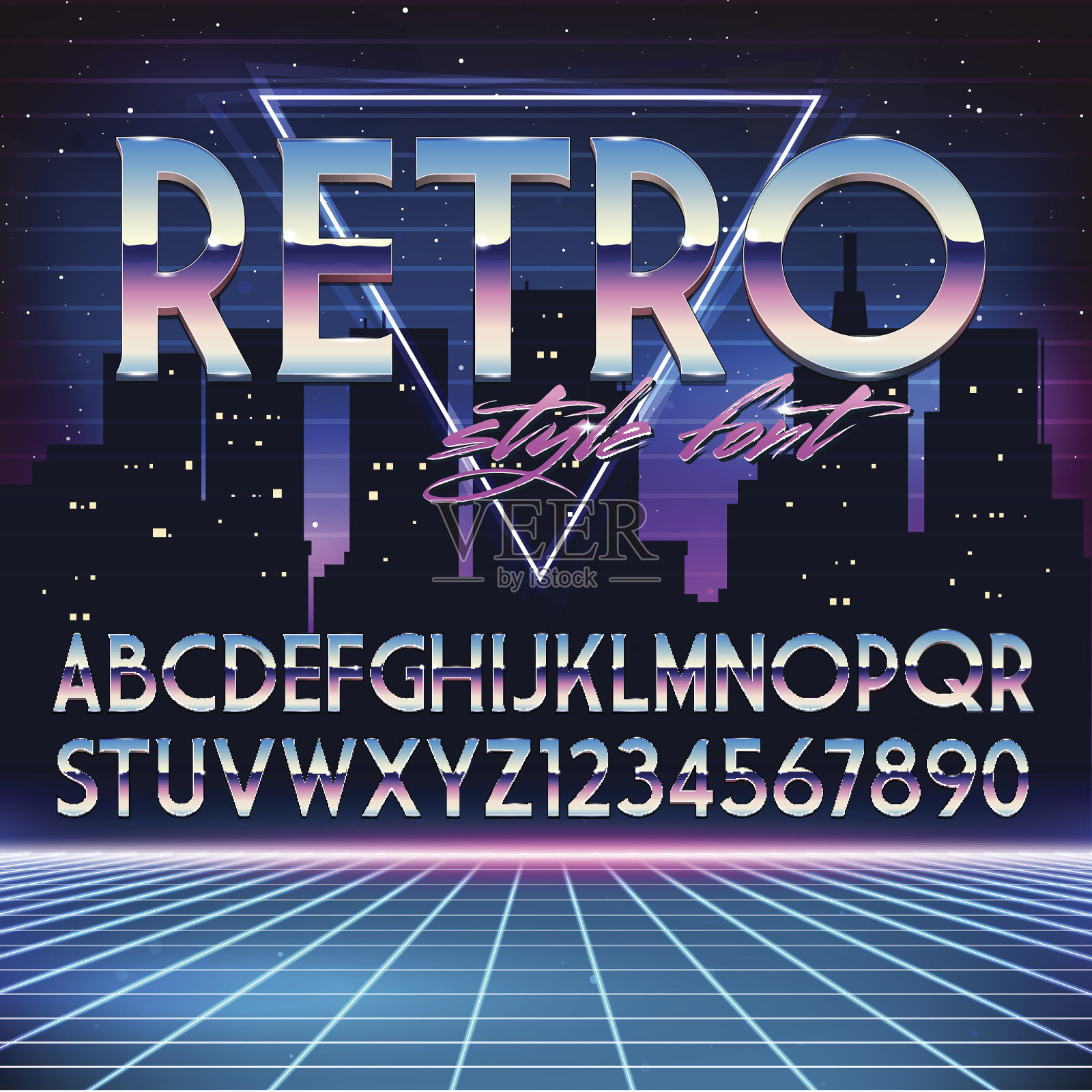 闪亮的Chrome字母在80年代复古未来主义风格设计元素图片