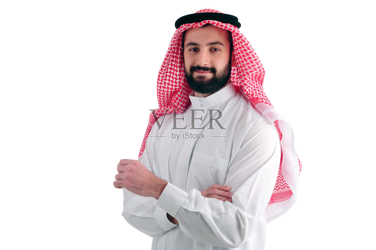 迷人的阿拉伯商人站在一个白色的背景照片摄影图片
