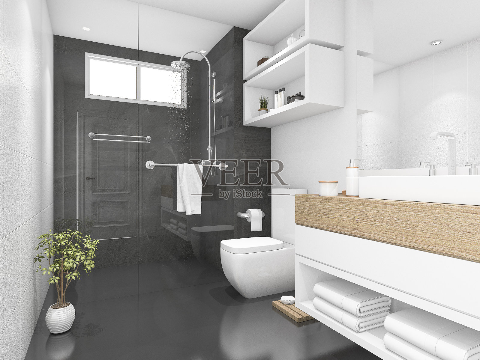 3d渲染黑色浴室与淋浴和厕所照片摄影图片