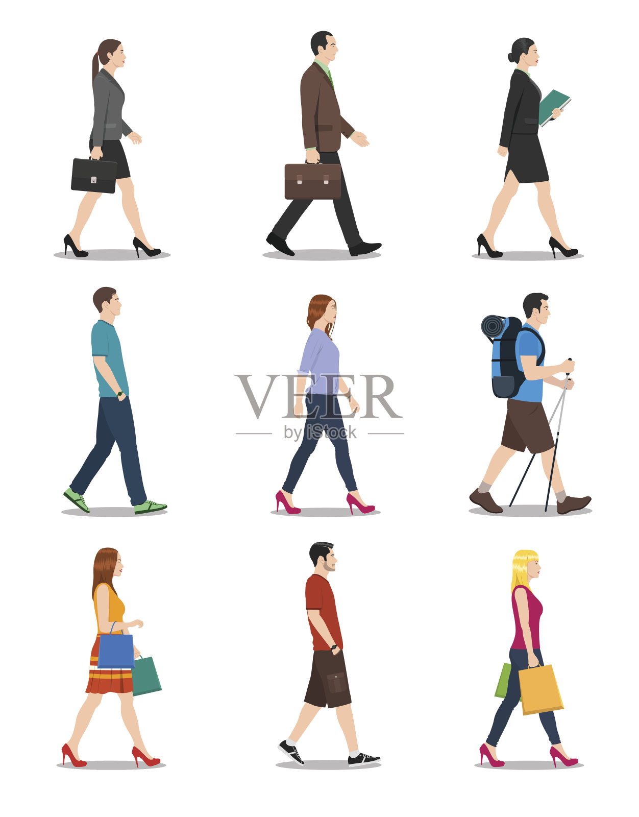 男人和女人走路的侧视图插画图片素材