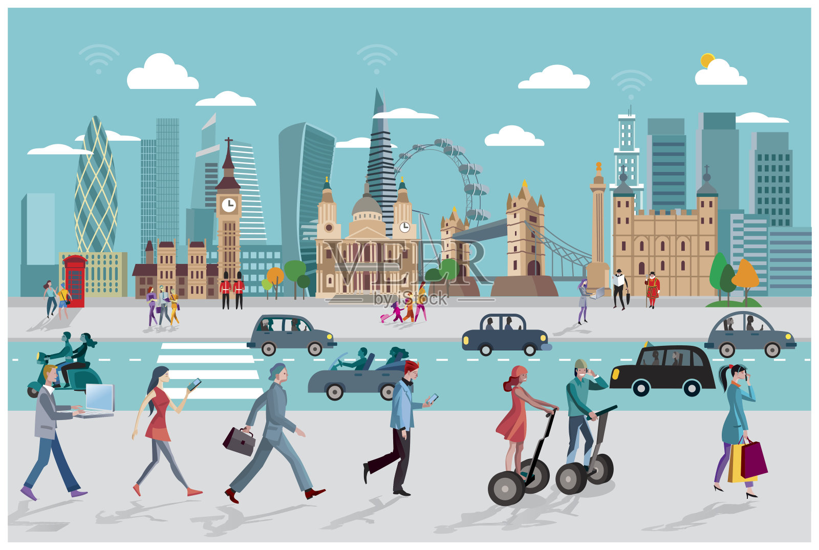 伦敦天际线和商业人士步行插画图片素材