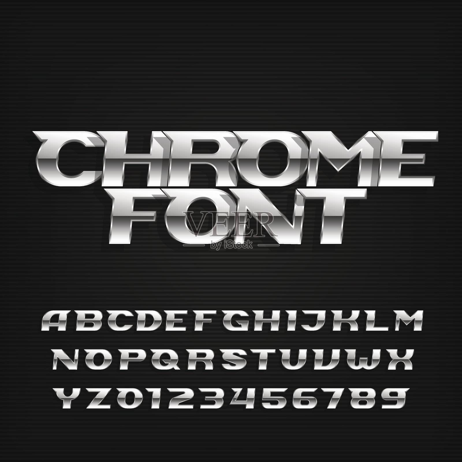 Chrome字母字体。金属效果斜体字母。设计元素图片