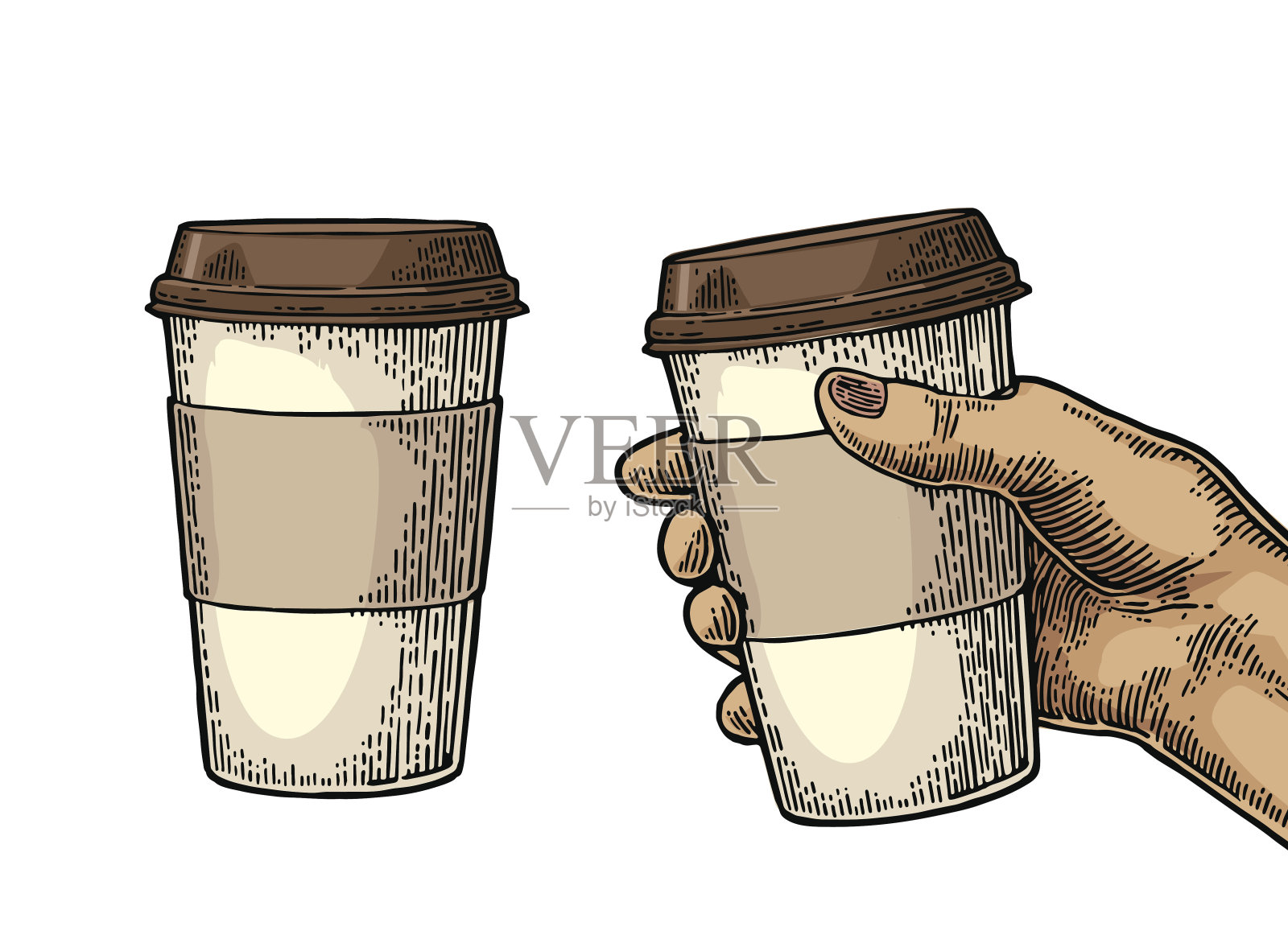 女性手拿一次性咖啡杯与纸板托和盖子。插画图片素材