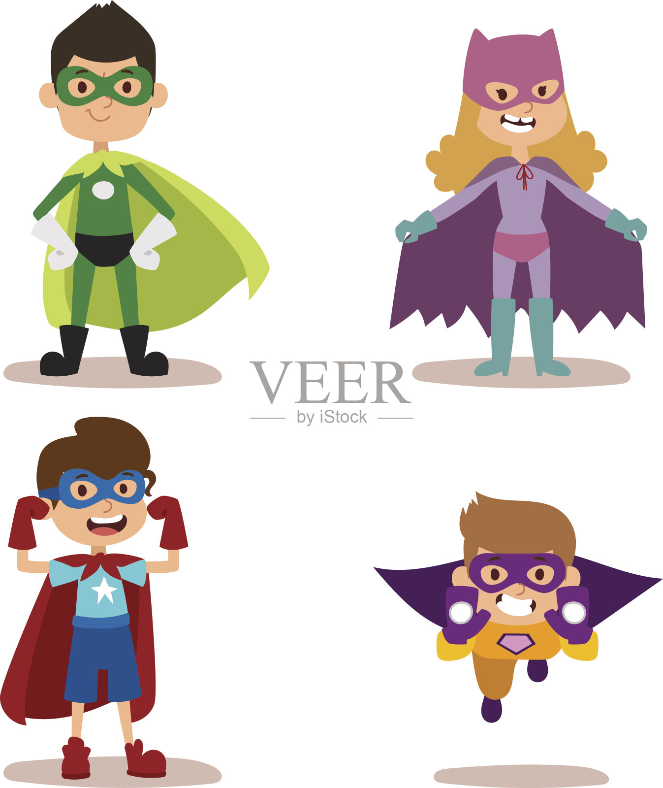 超级英雄孩子男孩和女孩卡通矢量插图插画图片素材