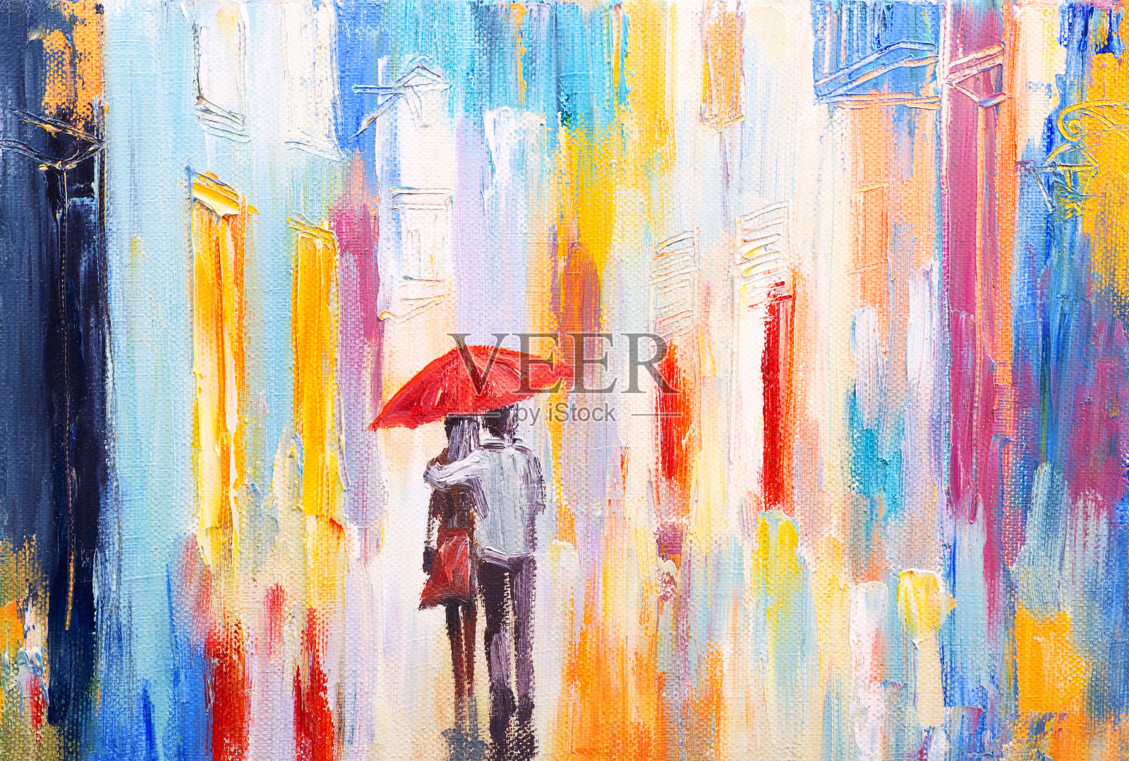 情侣在雨伞下散步，抽象插画图片素材