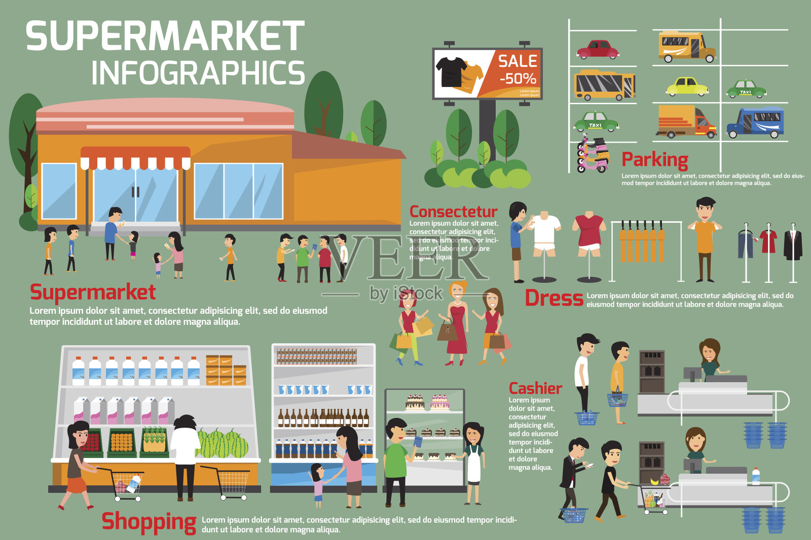 超市信息图表元素。人们选择产品在插画图片素材