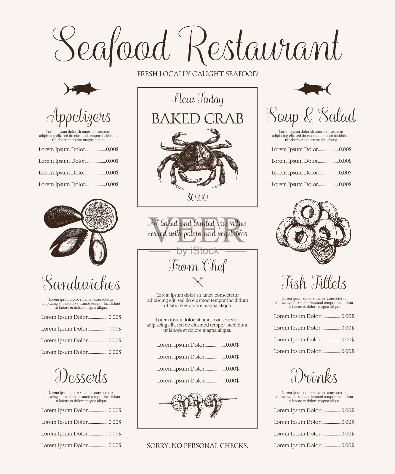 鱼餐厅菜单设计。插画图片素材