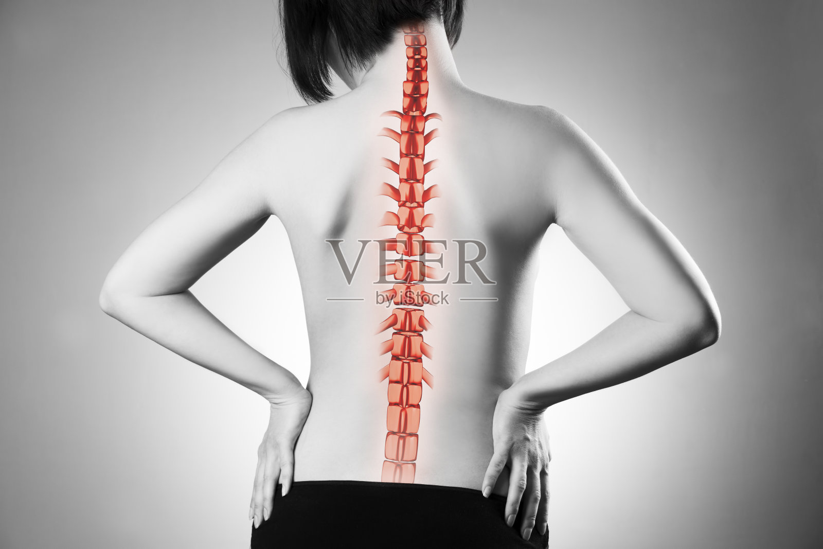 脊椎疼痛，女人的背痛和颈部疼痛照片摄影图片