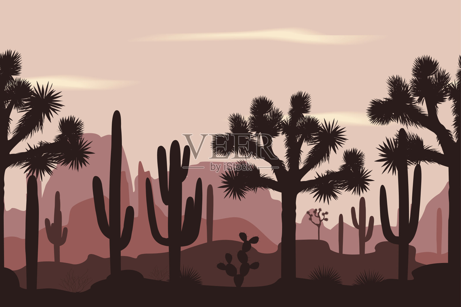 沙漠无缝模式与约书亚树和仙人掌仙人掌。插画图片素材