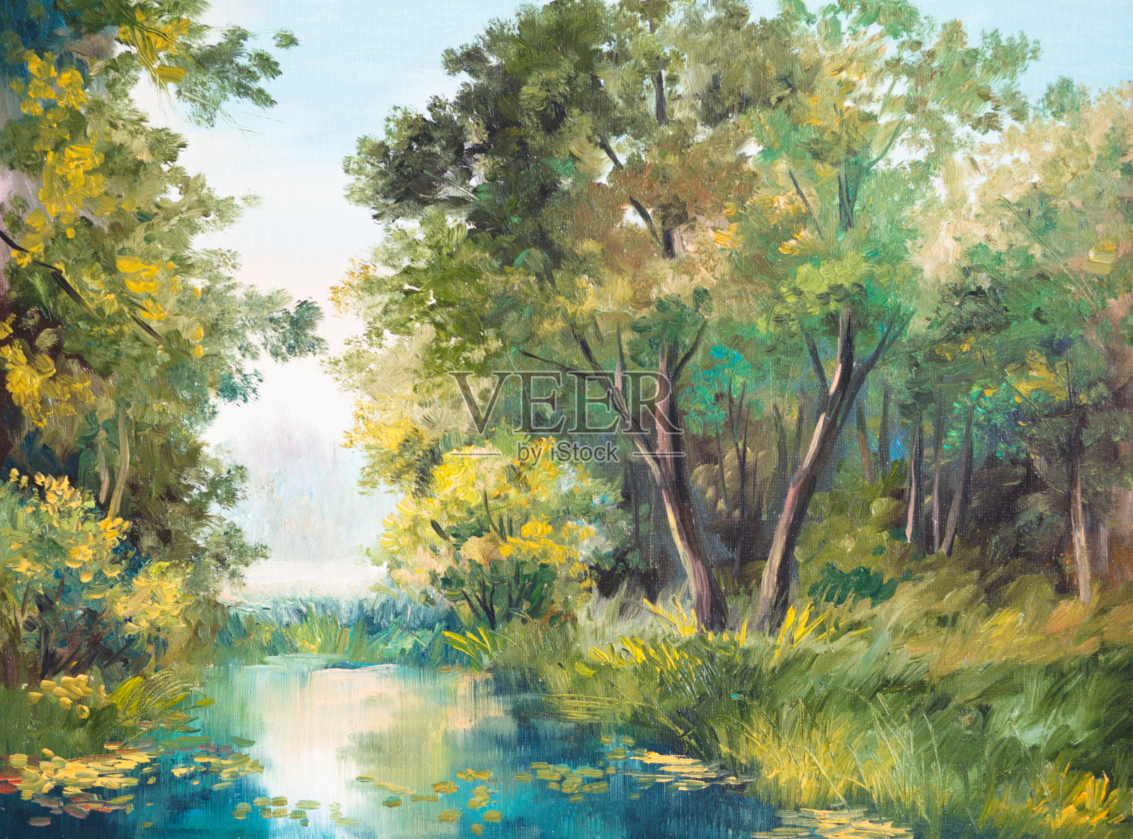 森林景观油画-森林中的池塘插画图片素材