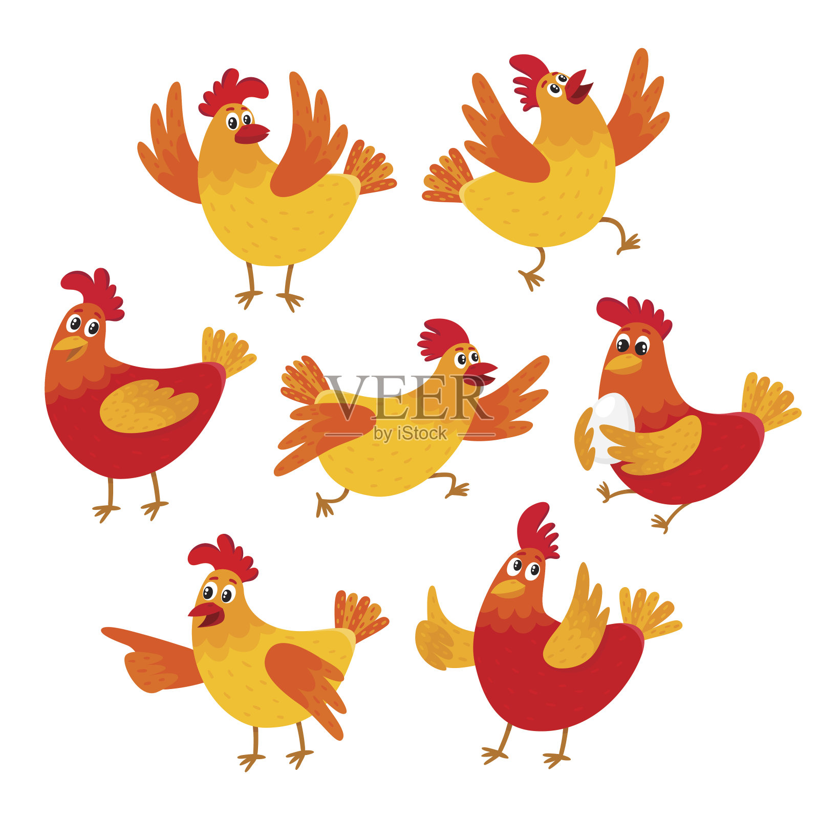 有趣的卡通红橙鸡，母鸡在各种姿势插画图片素材