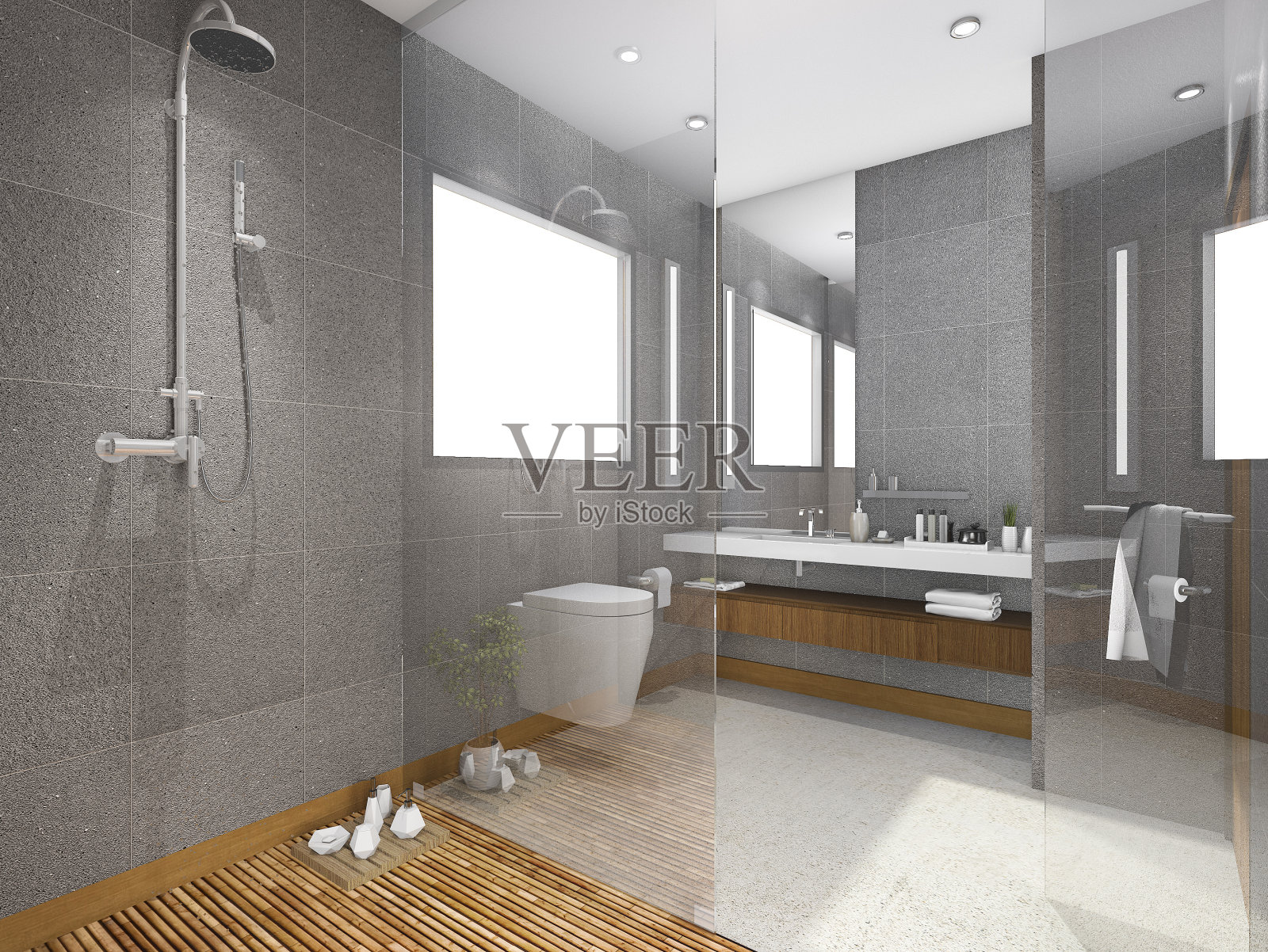 3d渲染热带风格的浴室与石材瓷砖照片摄影图片