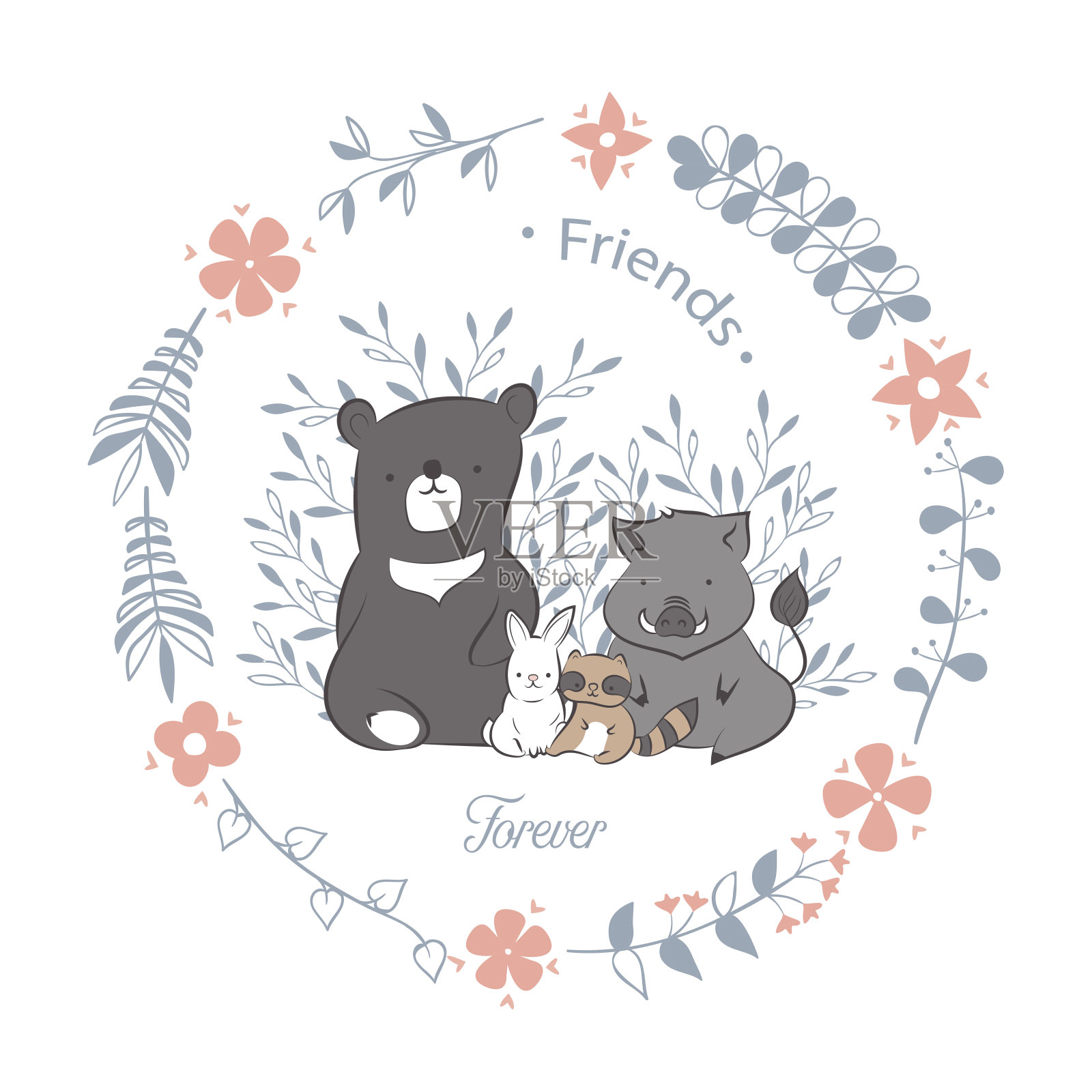 涂鸦最好的朋友可爱的兔子，熊，浣熊和野猪在花卉框架手绘矢量插图的孩子t恤印花，问候和邀请卡插画图片素材