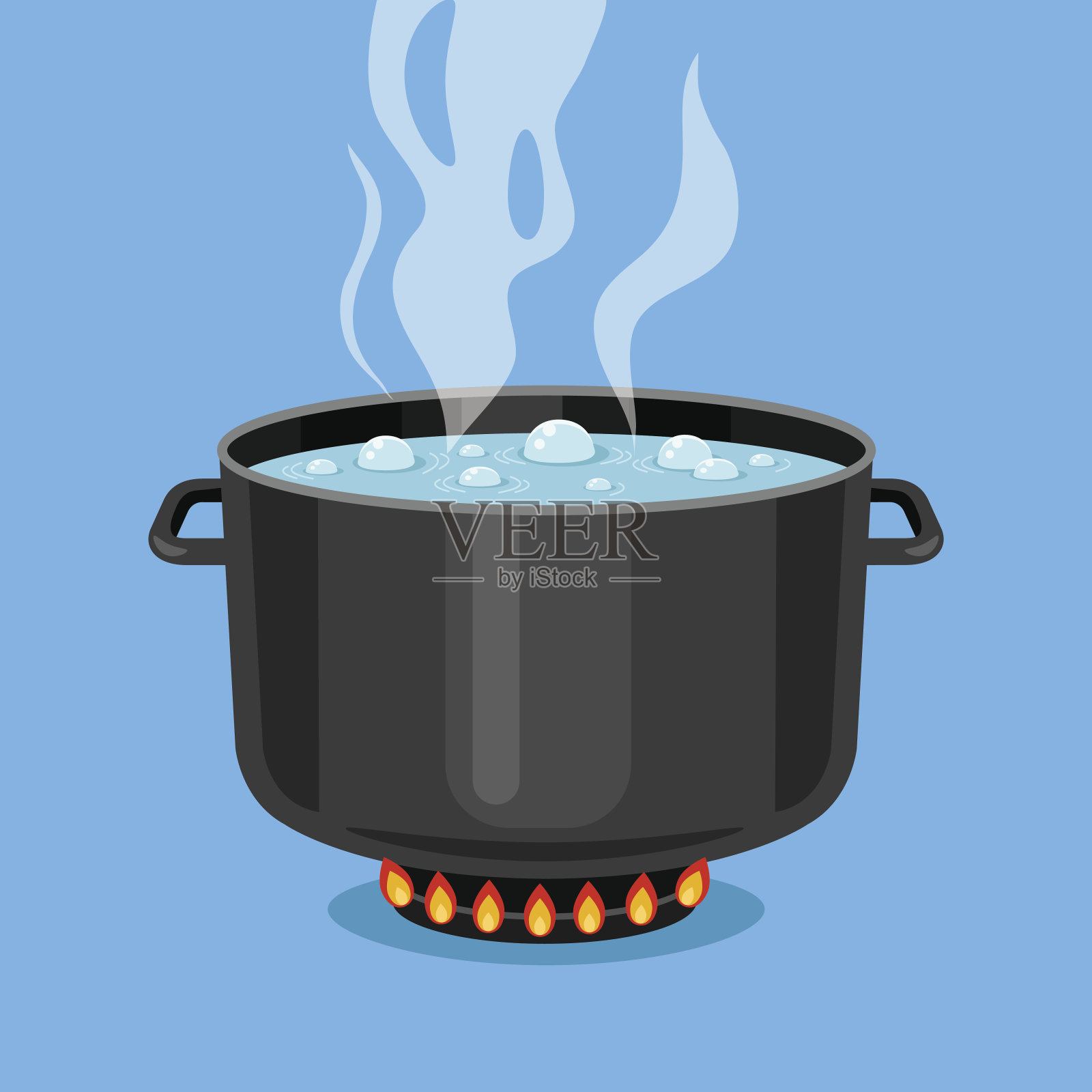 在锅里烧开水。炉子上的煮锅。矢量图插画图片素材