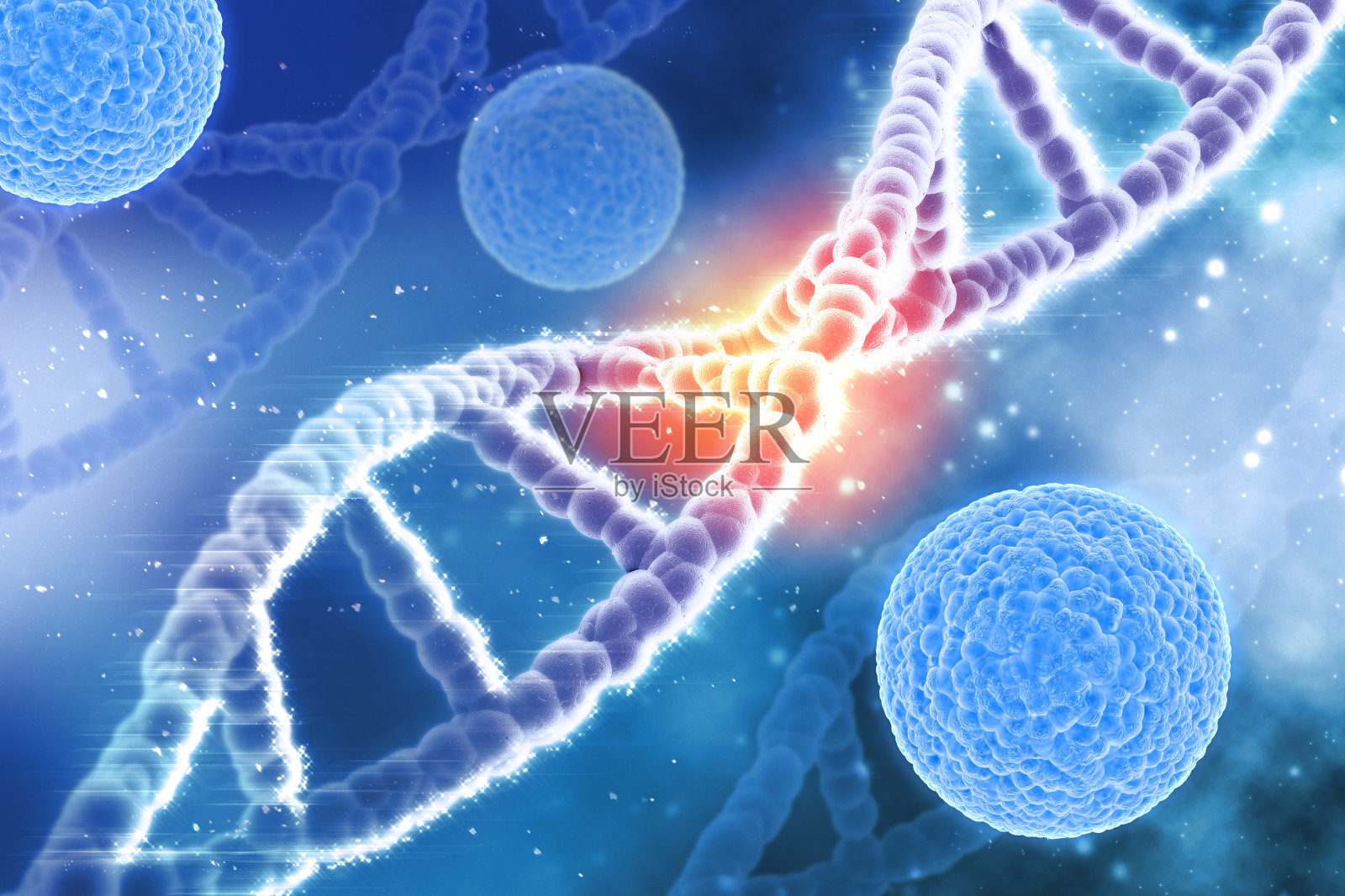 3D医学背景病毒细胞和DNA链照片摄影图片
