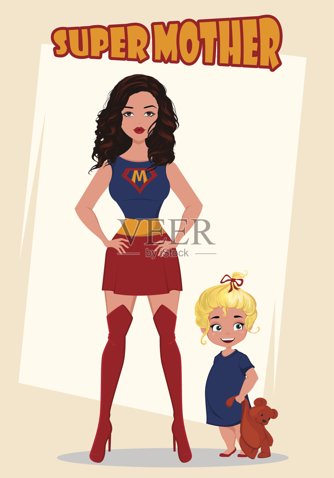 超级妈妈和她的小女儿站在一起。穿着戏服的女超人。插画图片素材