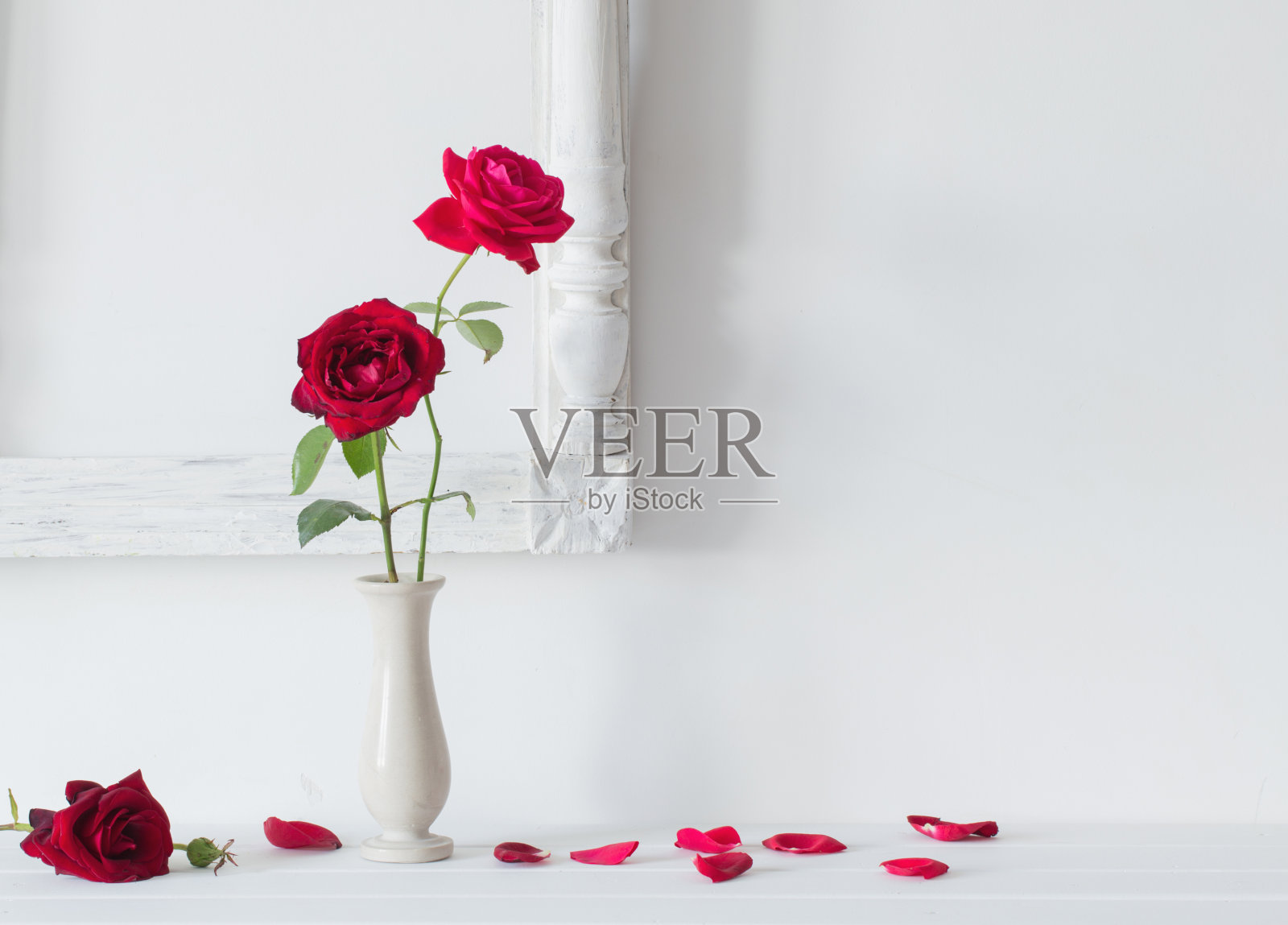 白墙背景上的花瓶里插着红玫瑰照片摄影图片