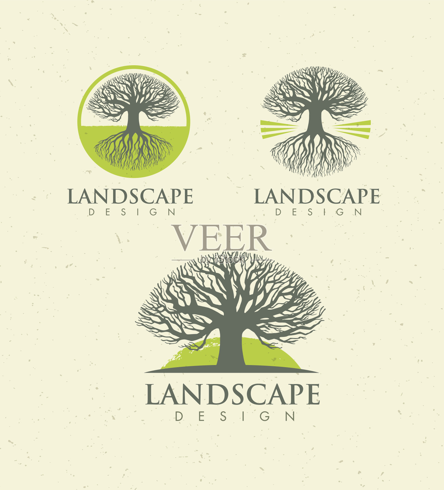 景观设计创意向量概念。圈内有根的树有机标志设置在牛皮纸背景上。插画图片素材
