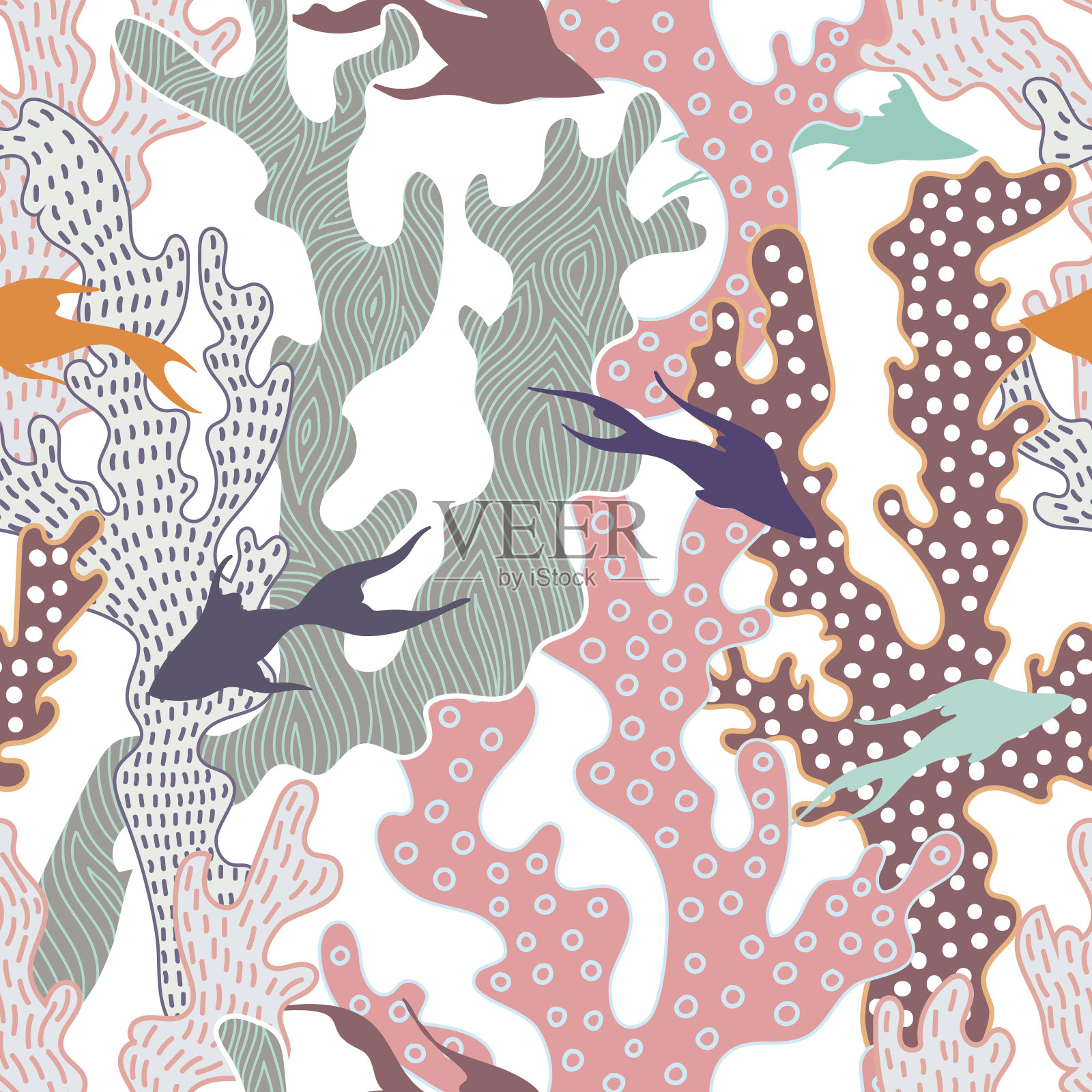 彩色无缝图案与鱼和珊瑚插画图片素材