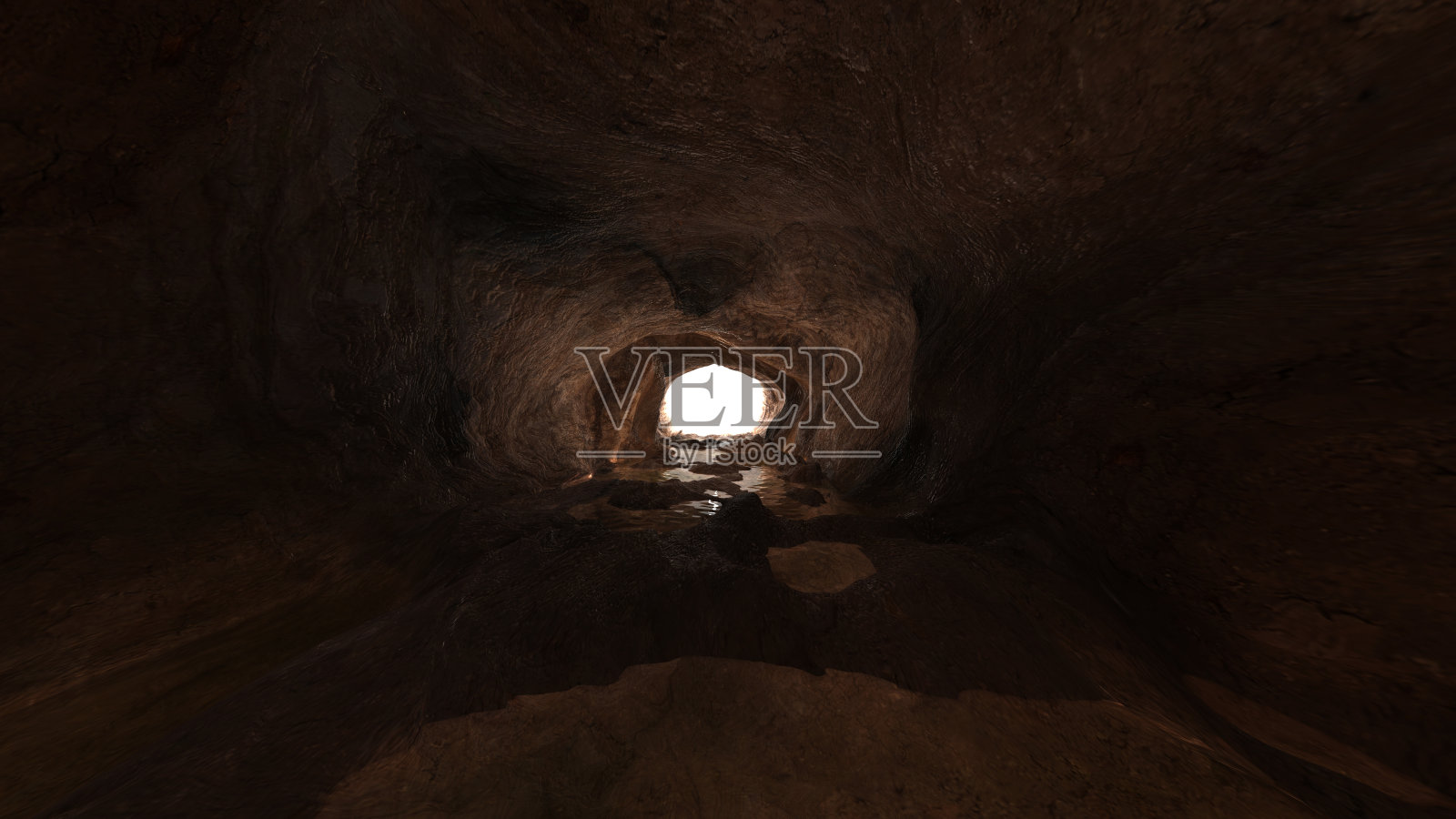黑暗洞穴3d入口，纹理背景光在末端。照片摄影图片