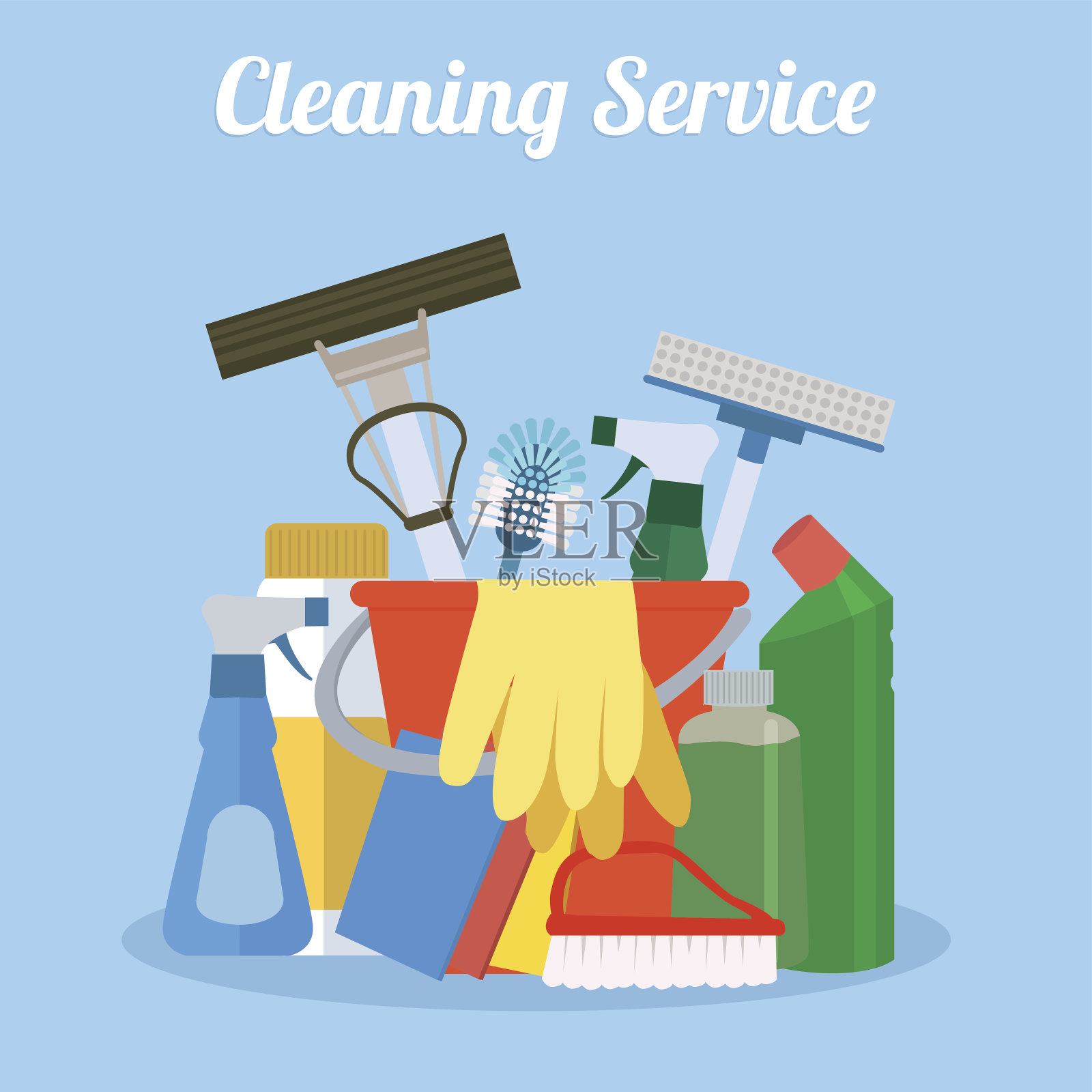 清洁服务。房屋清洁服务，备有各种清洁工具。插画图片素材