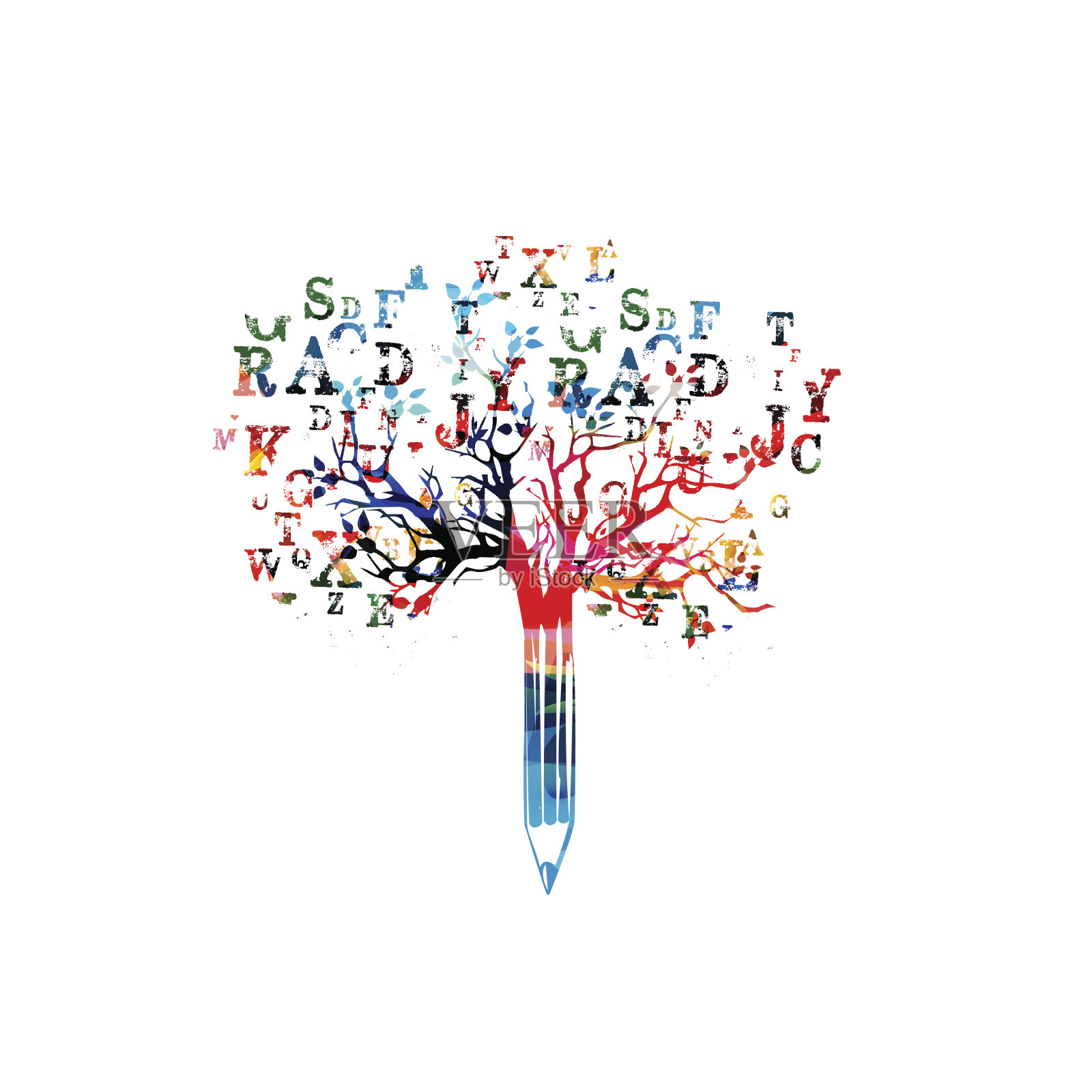 彩色铅笔树矢量插图与字体字母插画图片素材