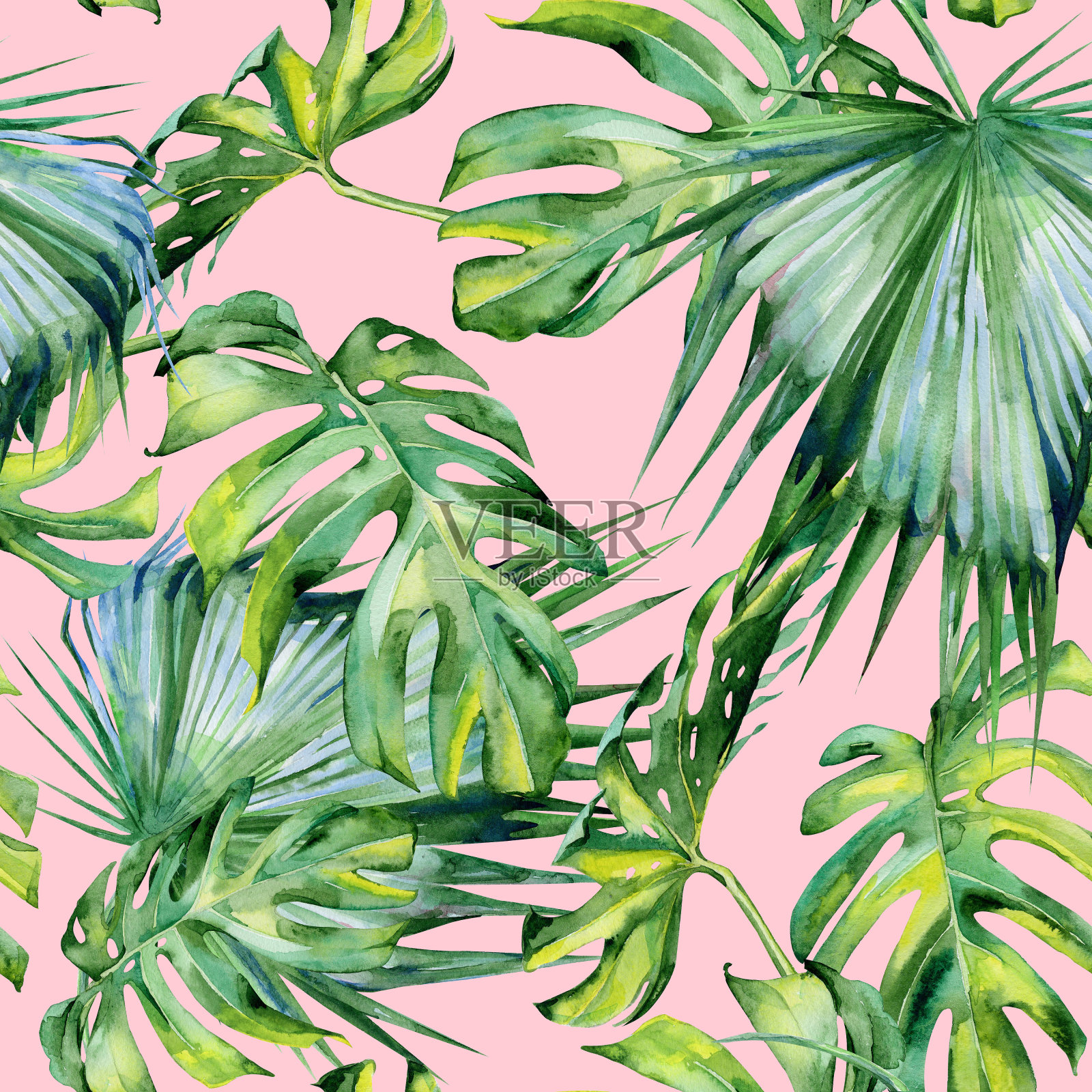 无缝水彩画的热带树叶，茂密的丛林插画图片素材