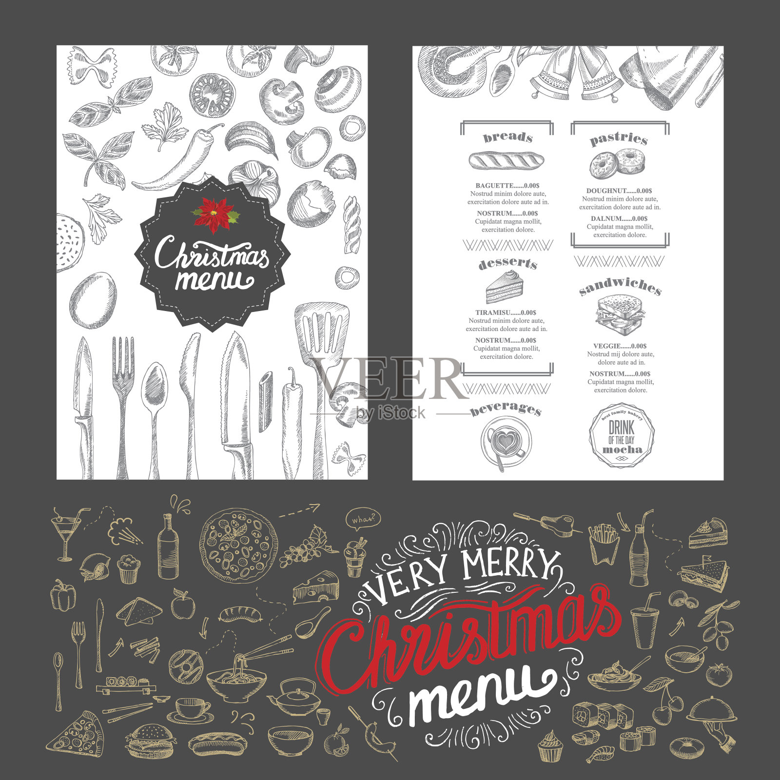 圣诞食品菜单。新年欢迎会邀请餐厅。设计模板素材