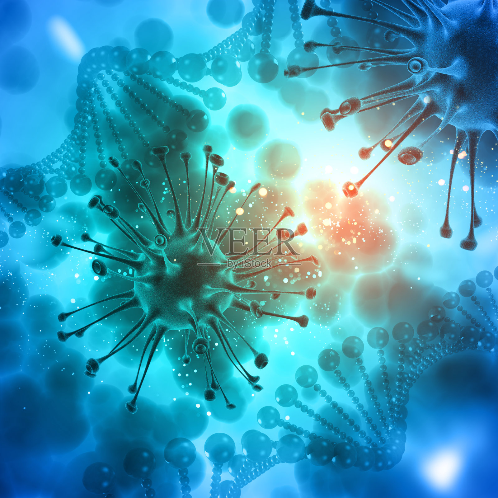 3D医学背景与病毒细胞和DNA链照片摄影图片