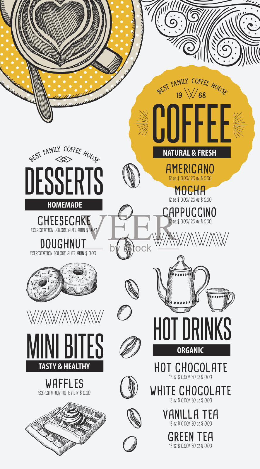 咖啡菜单、餐垫、餐厅宣传册。插画图片素材