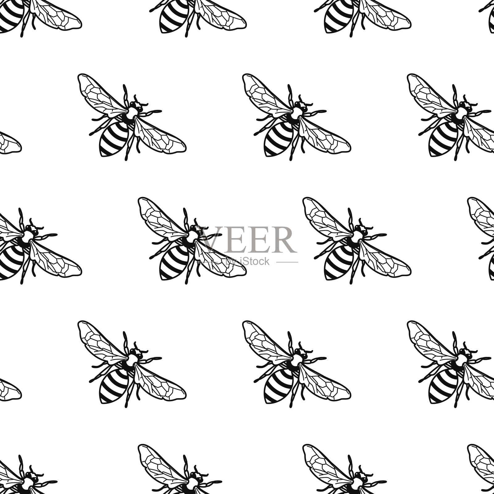 向量无缝复古模式与线性蜜蜂。有机蜂蜜的背景。插画图片素材