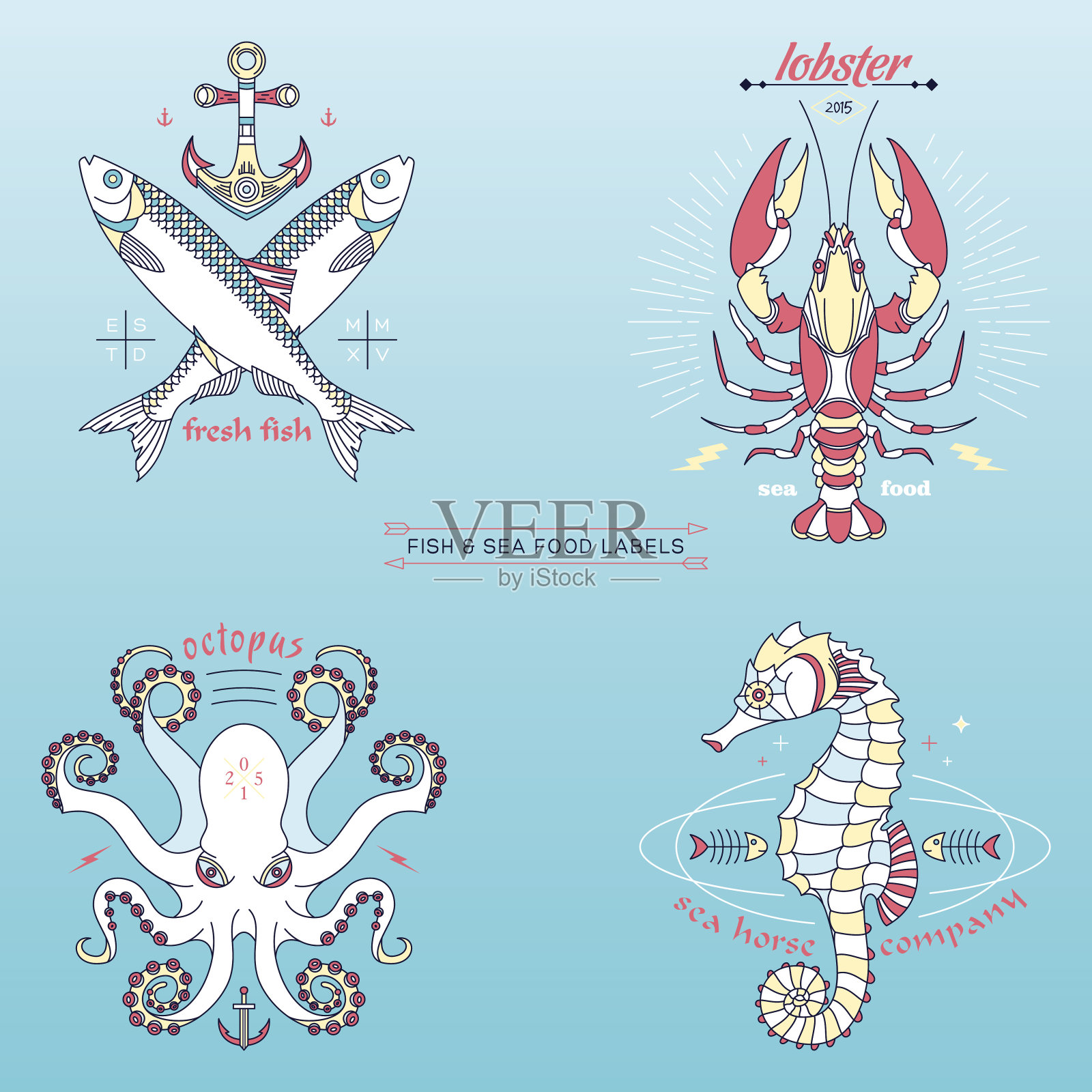 鱼类标签及徽章插画图片素材