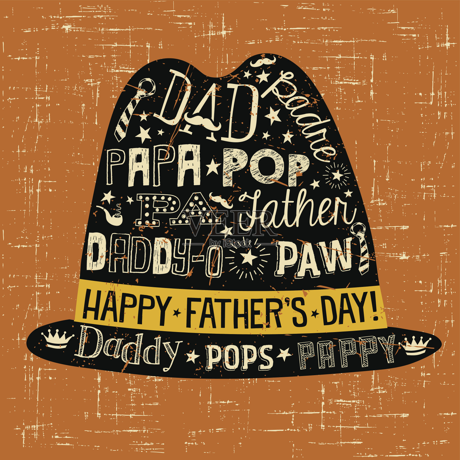 父亲节贺卡。涂鸦风格的软呢帽，给爸爸起了各种各样的绰号。插画图片素材