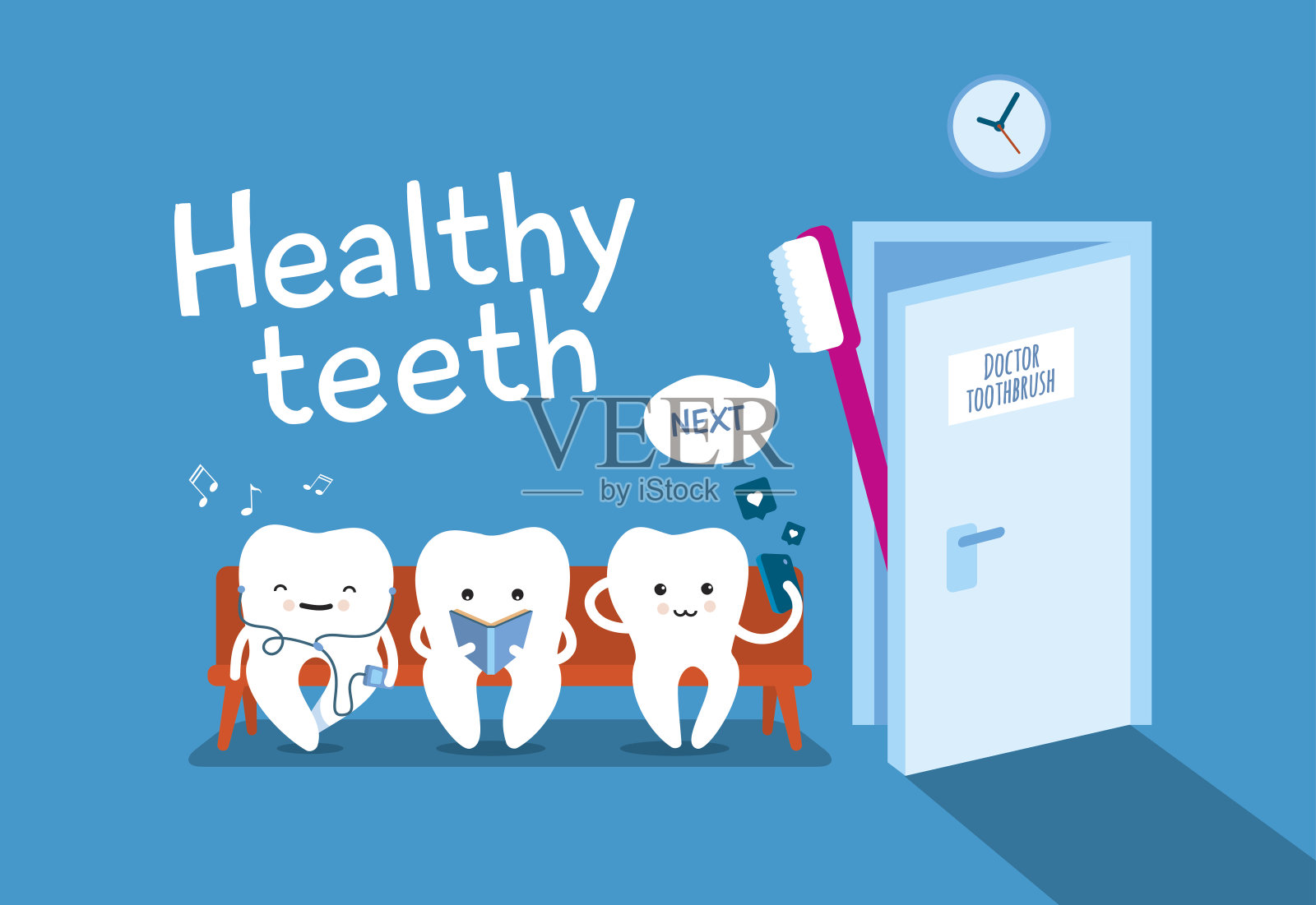 健康的牙齿放在沙发和牙刷上。早上好插画图片素材