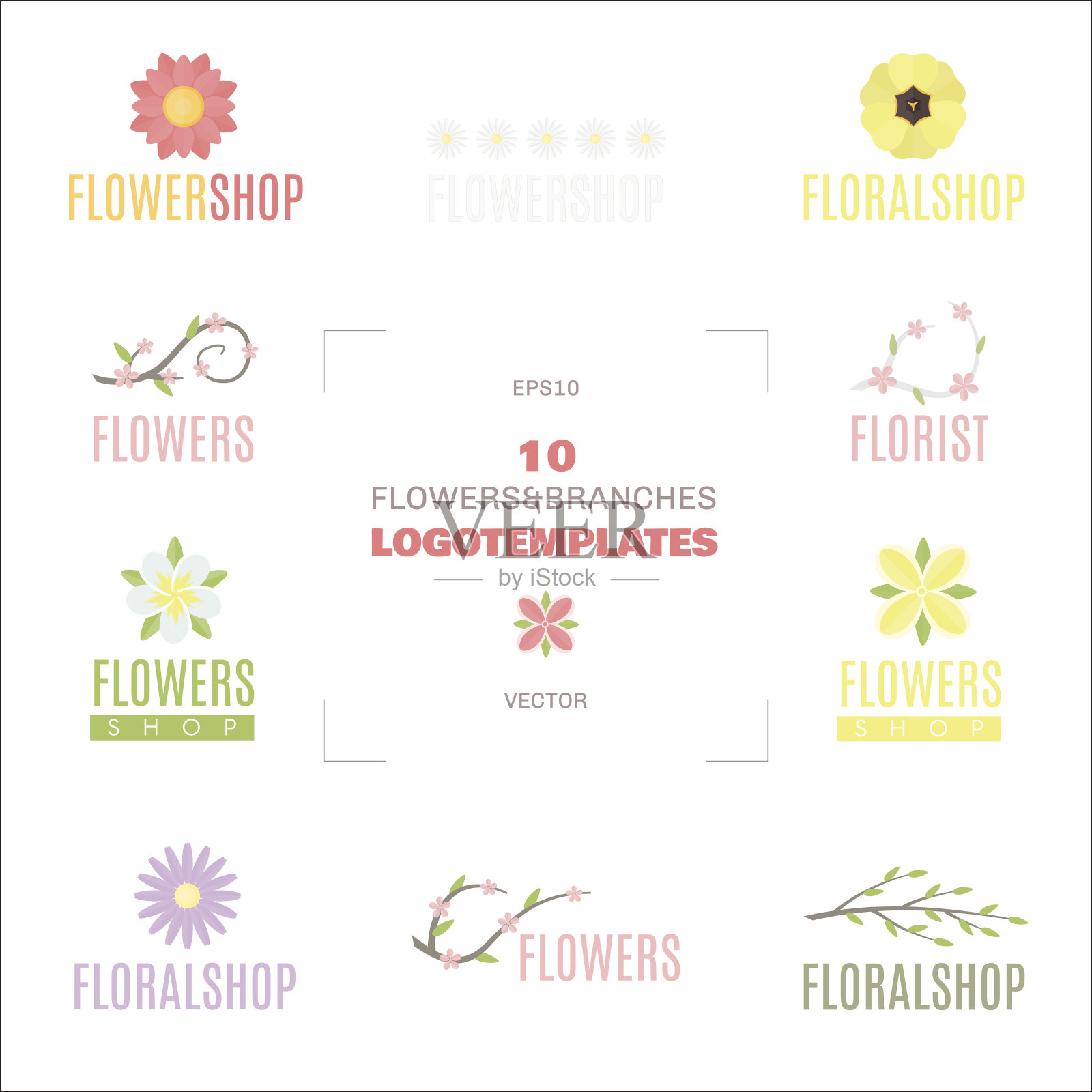 彩色花卉标志模板集合。插画图片素材