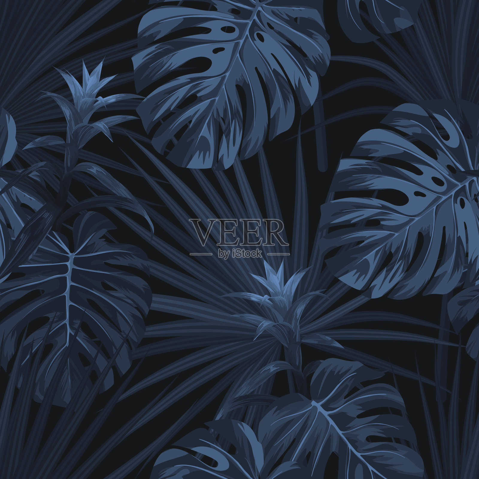 异国情调的热带背景与夏威夷植物和花卉。无缝矢量靛蓝图案与怪物和sabal棕榈叶，古兹马尼亚花插画图片素材