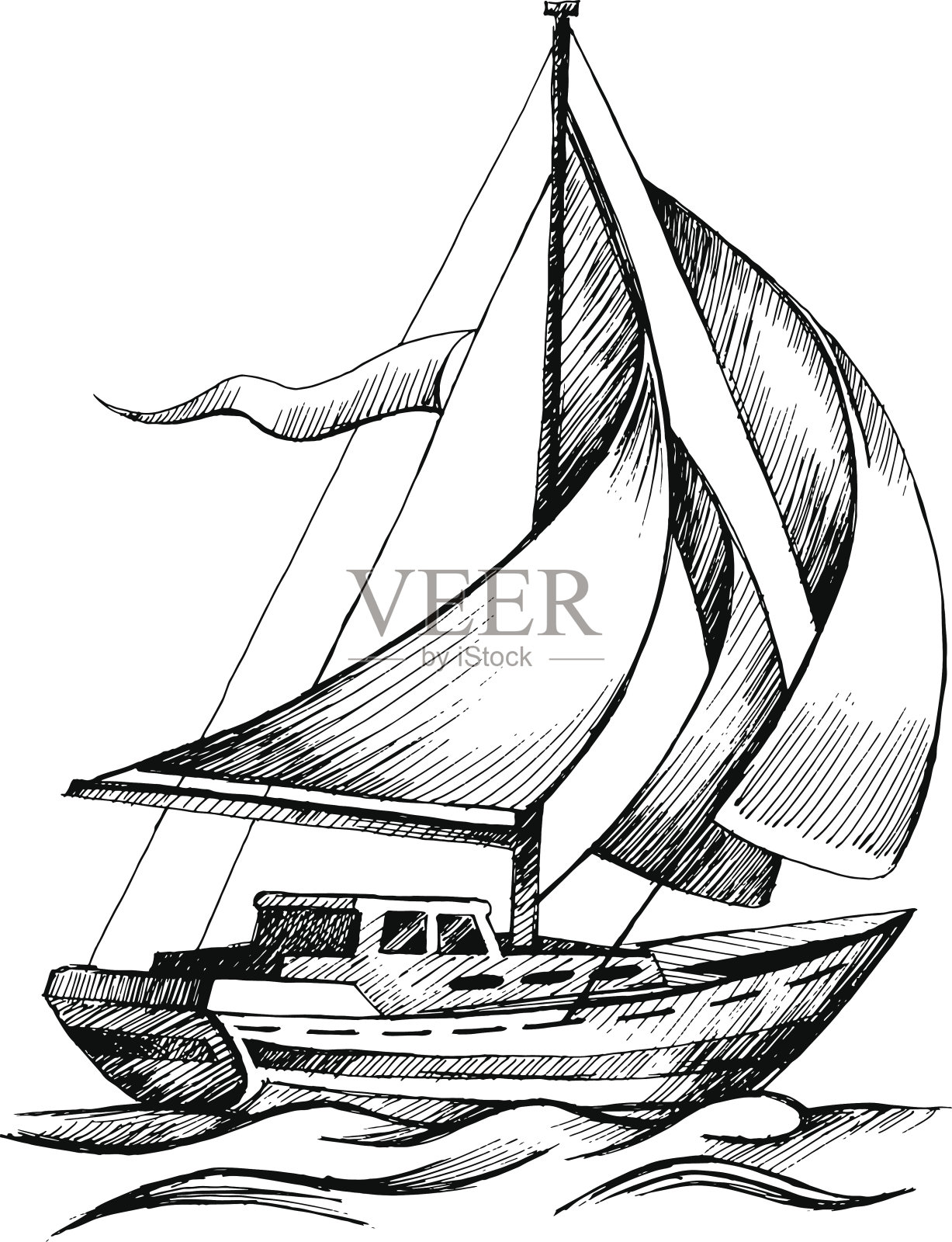 帆船矢量草图与波隔离。插画图片素材