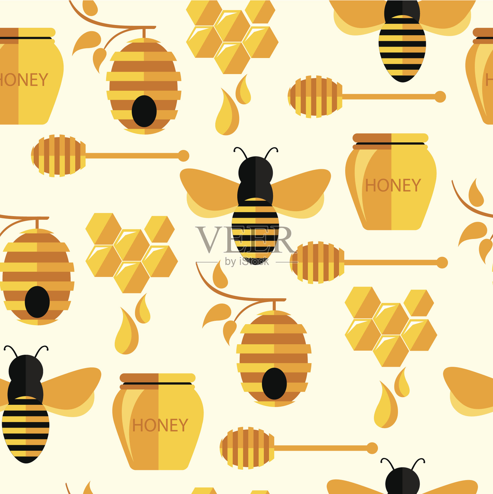 无缝抽象图案与蜜蜂和蜂蜜。插画图片素材