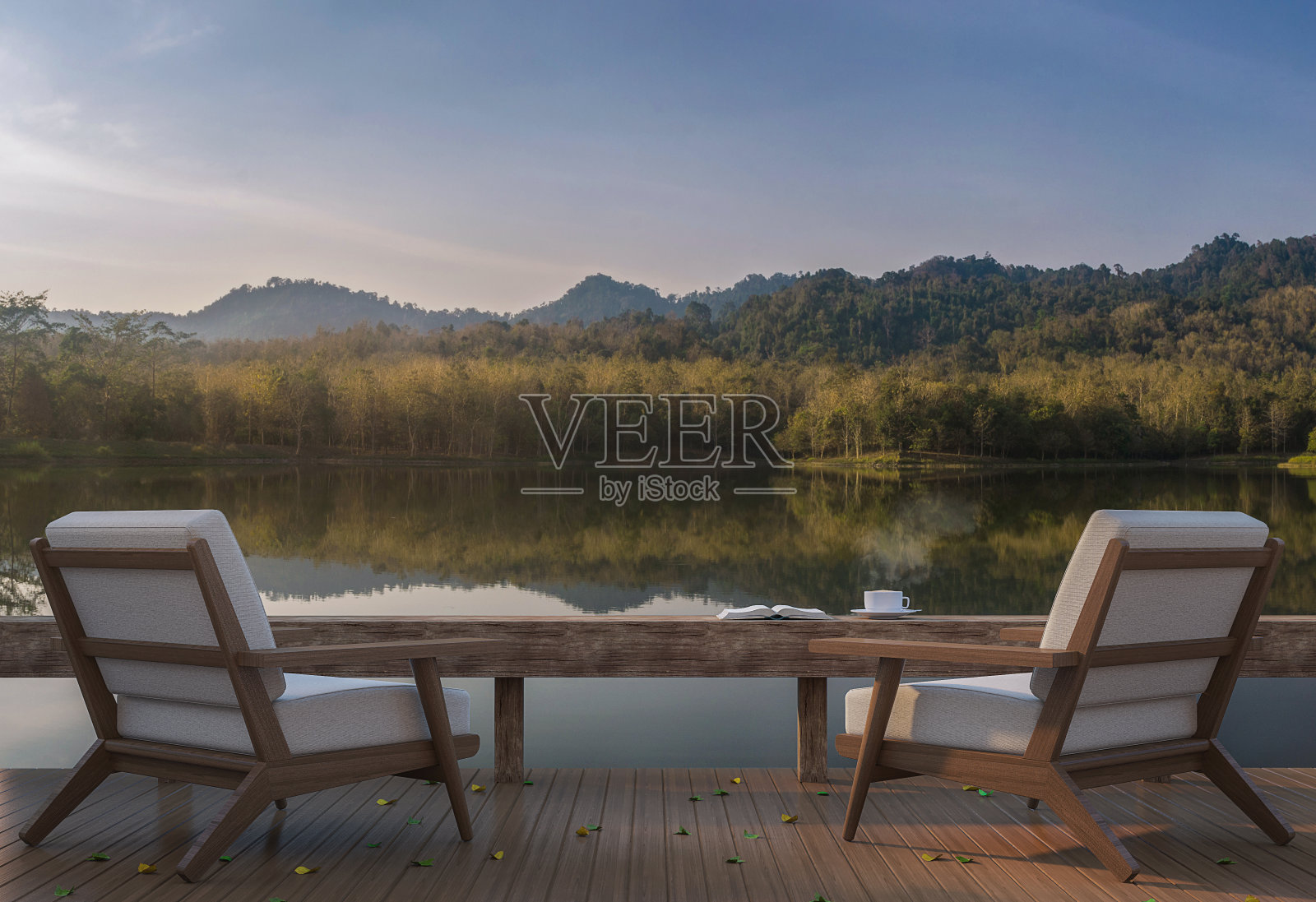 湖屋露台和美丽的自然景观3d渲染图像照片摄影图片