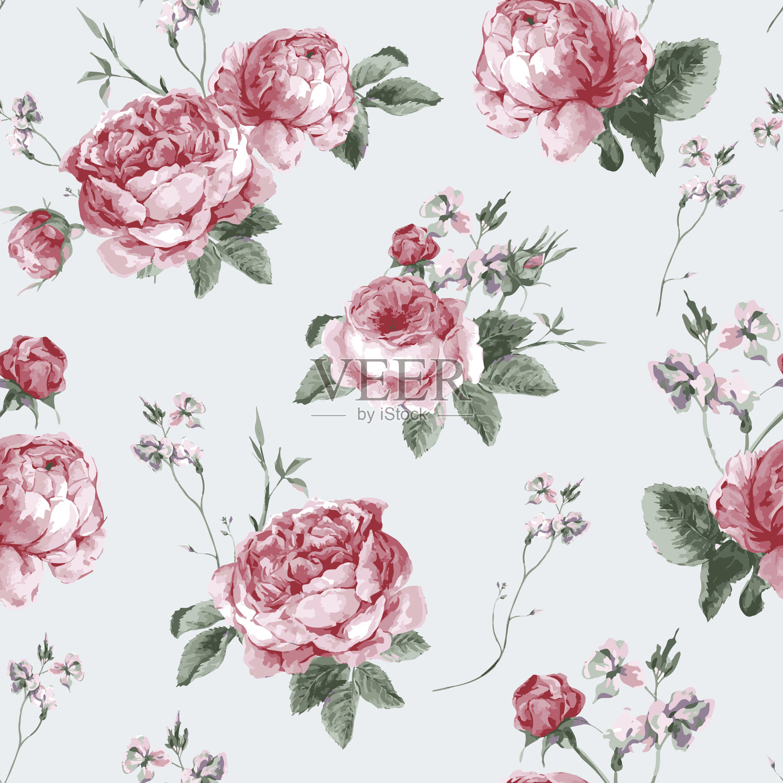 复古花无缝背景与盛开的英国玫瑰插画图片素材