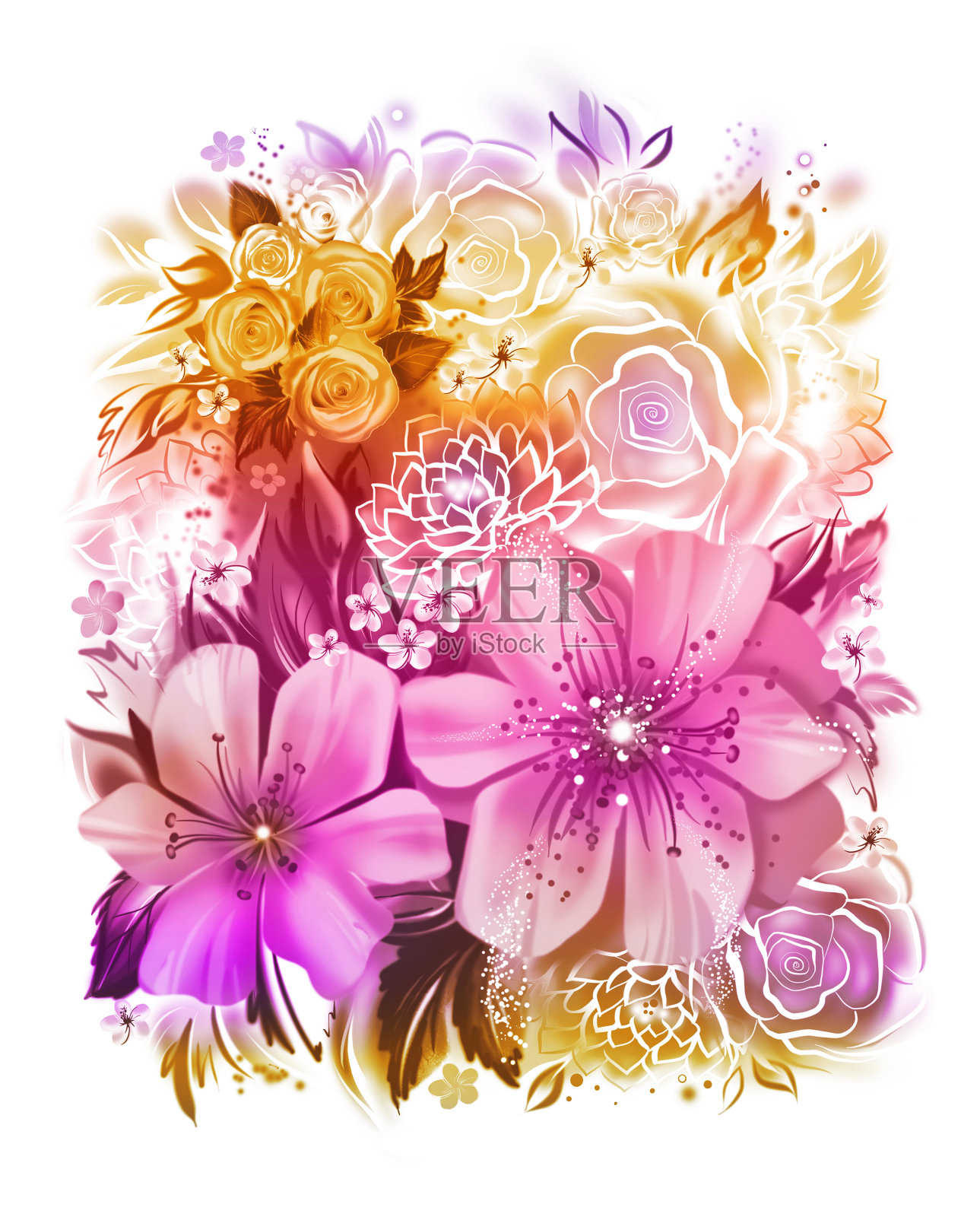 用水彩技术给花着色，玫瑰，雏菊和含羞草插画图片素材