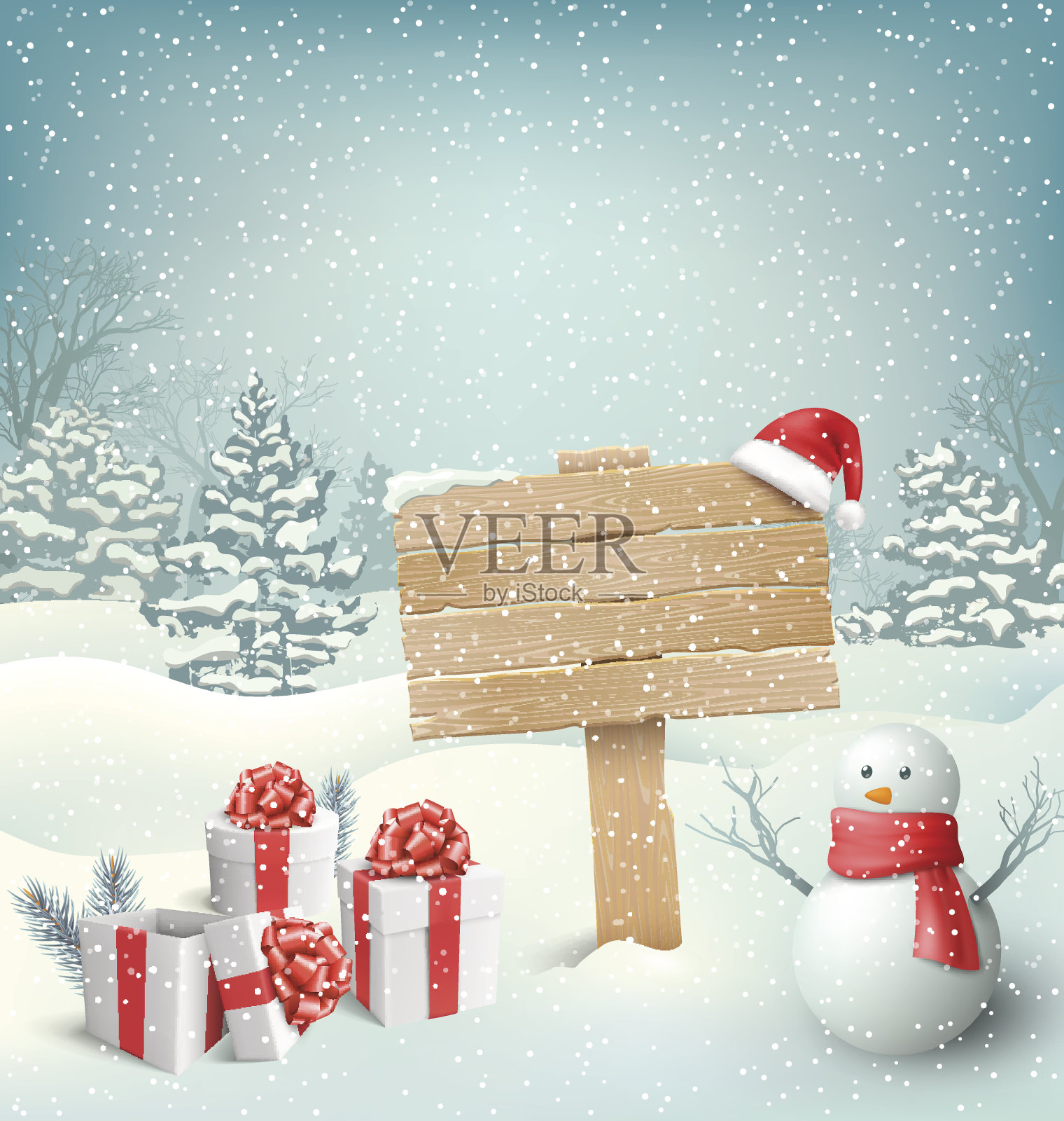 冬季圣诞节背景与路标雪人和礼盒插画图片素材