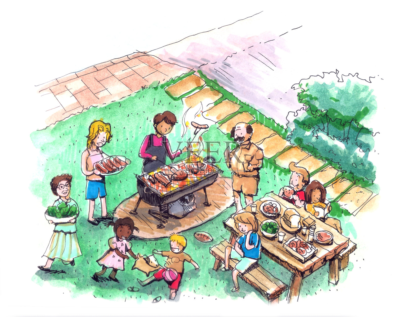 院子里的烧烤派对插画图片素材