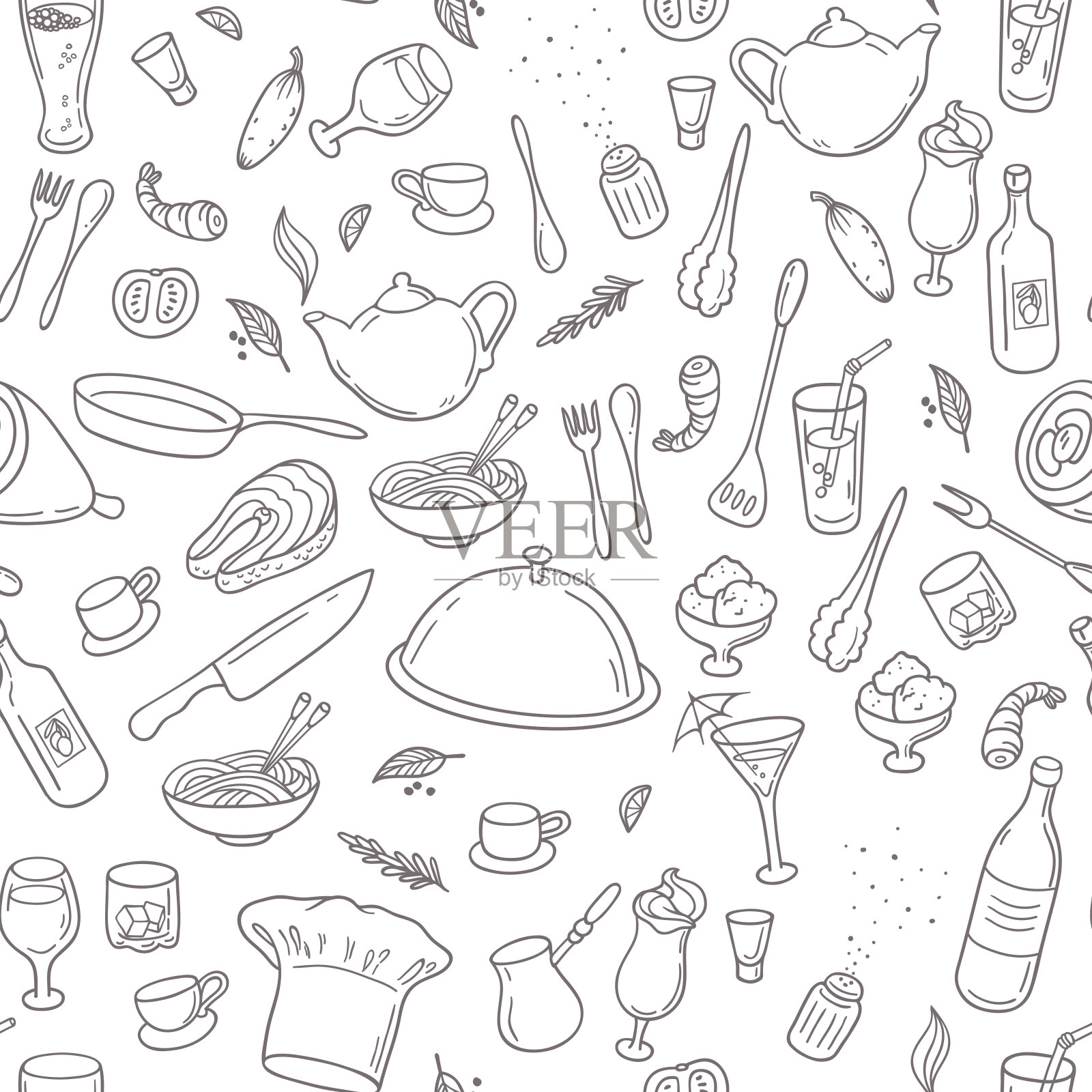 食物和饮料轮廓无缝模式。手绘厨房背景插画图片素材